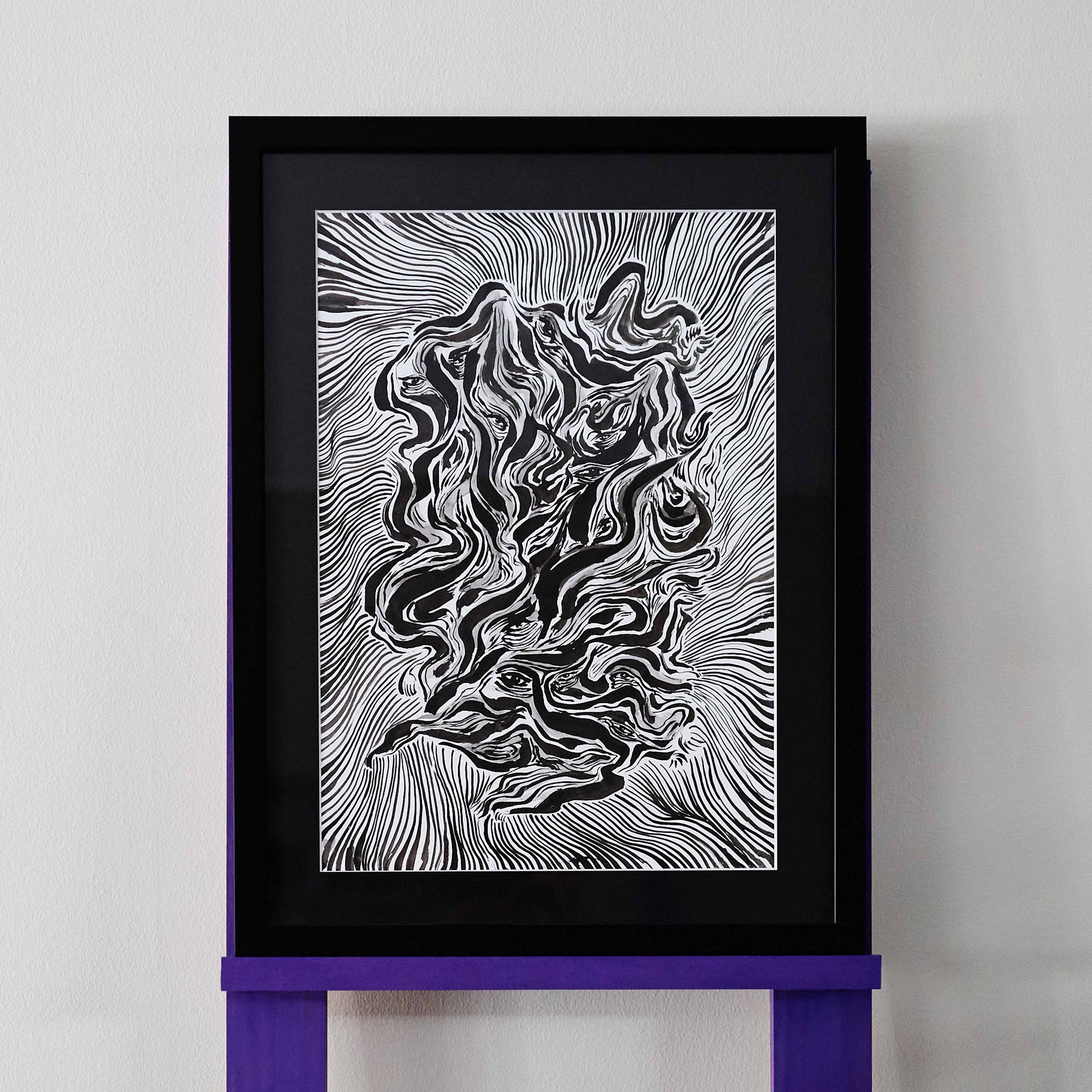 'Emerging' is a psychedelic ink painting by Angela Tam, where brushstrokes create waves that appear to be pulsing. Displayed on a black mount and black frame.