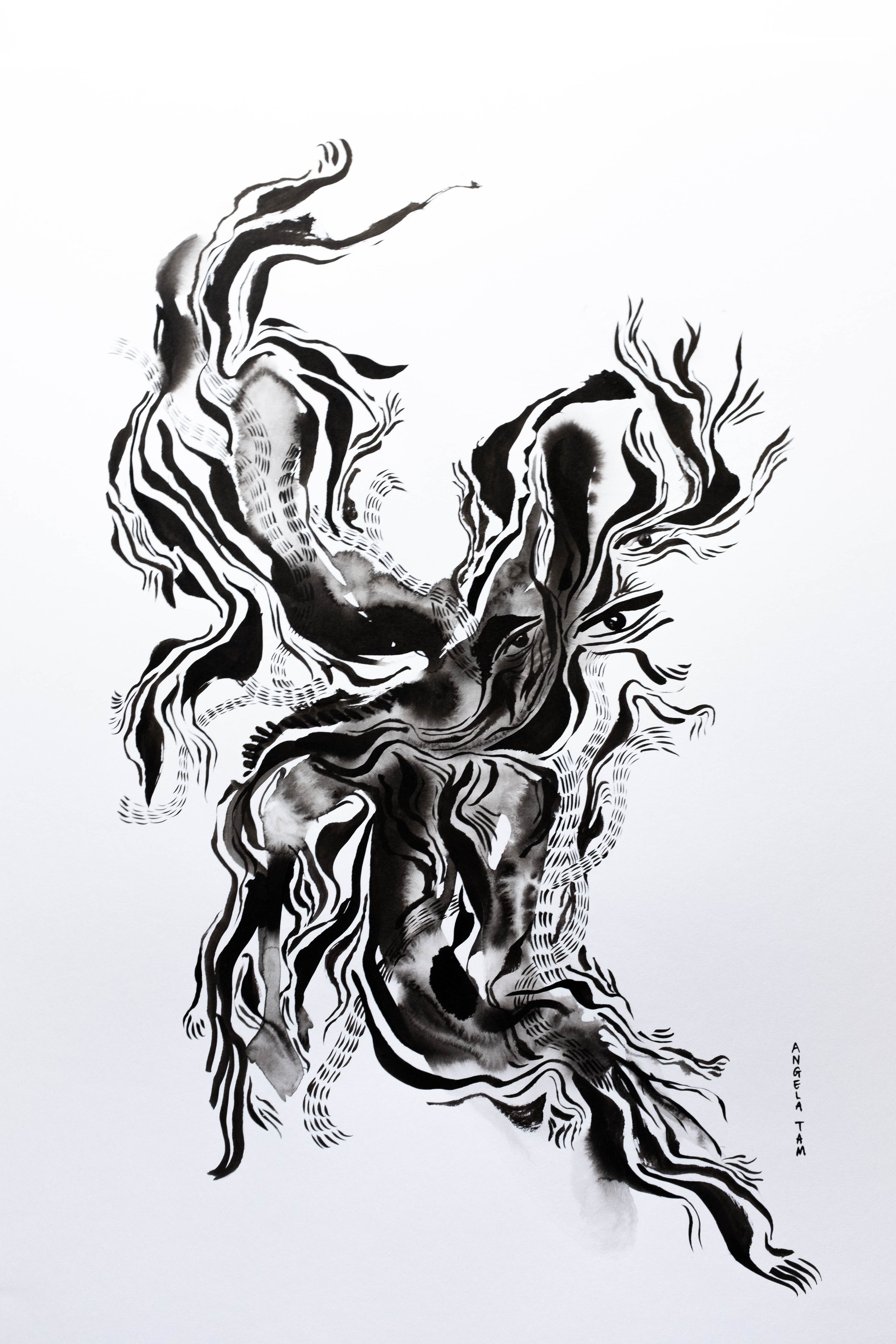 Black and white Chinese ink drawing revealing lines that show eyes and a face.