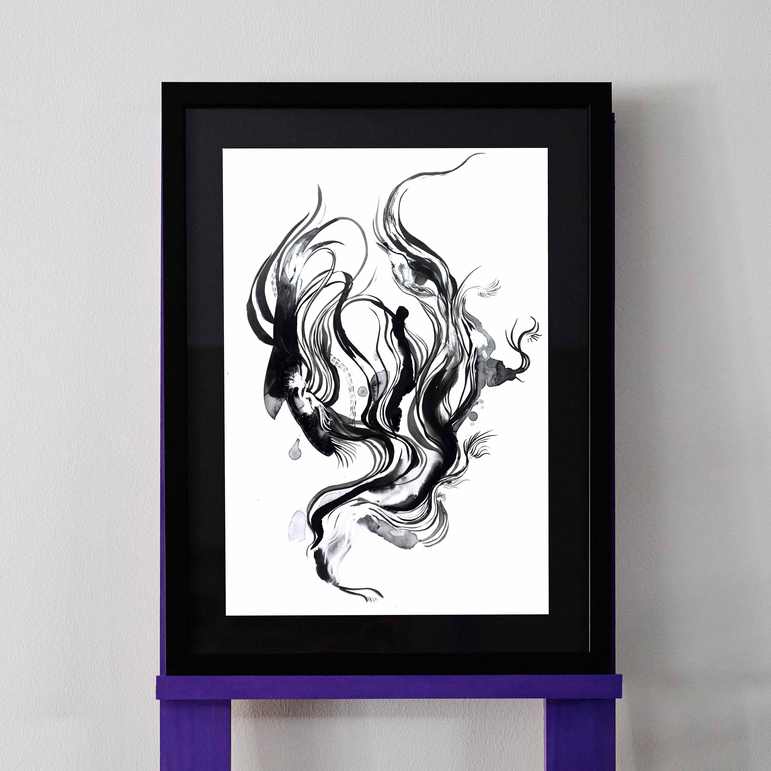 'Flow State' features soft wavy lines that create an abstract composition. An original ink painting by Angela Tam, this piece is a documentation of the artist's state when creating - calm, free and flowing. Displayed on a black mount in a black frame.