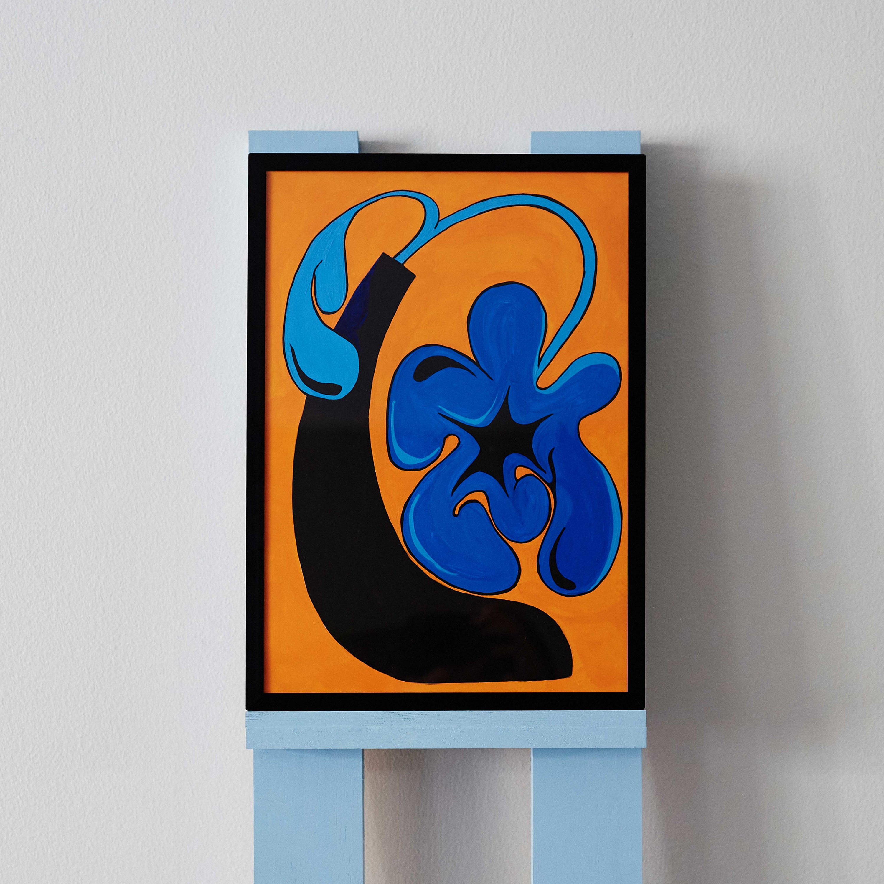 'Flower Arrangement 3' is a surreal, graphical original painting by Angela Tam. A large, bright blue flower extends and bends into the center of the frame from a black vase. A vibrant orange background contrasts with the black frame.