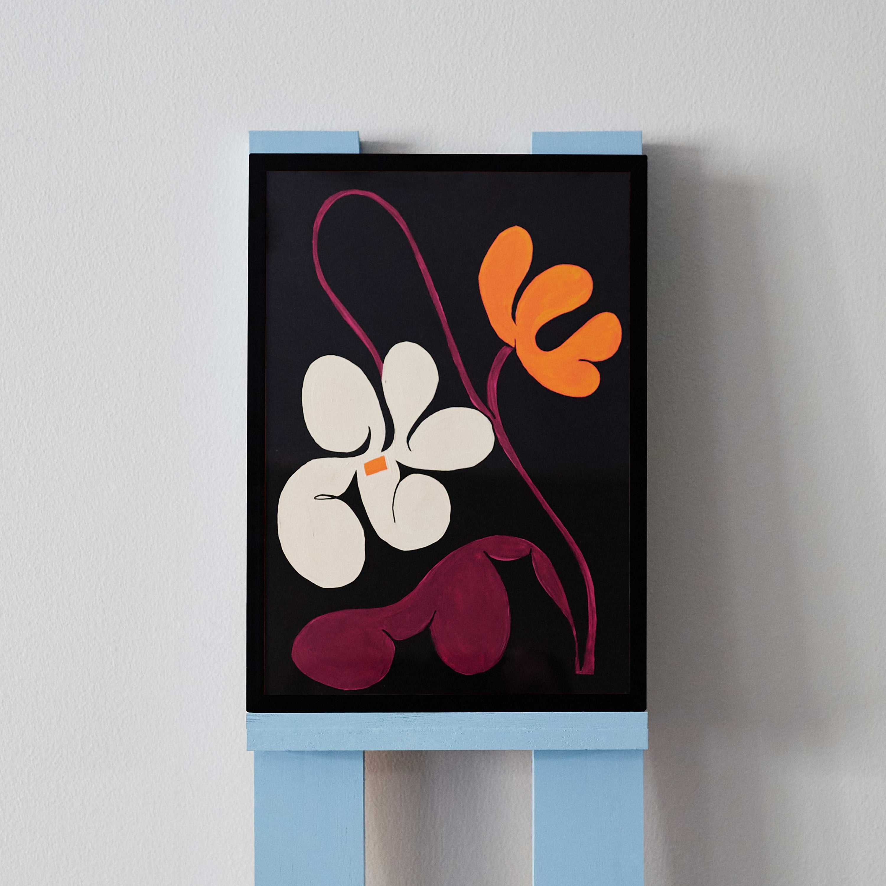'Flower Arrangement 5' features a strong diagonal curved stem and two large flowers. This original acrylic painting by Angela Tam uses a warm colour palette of maroon, orange and cream contrasting to a black background. Displayed on a black frame.