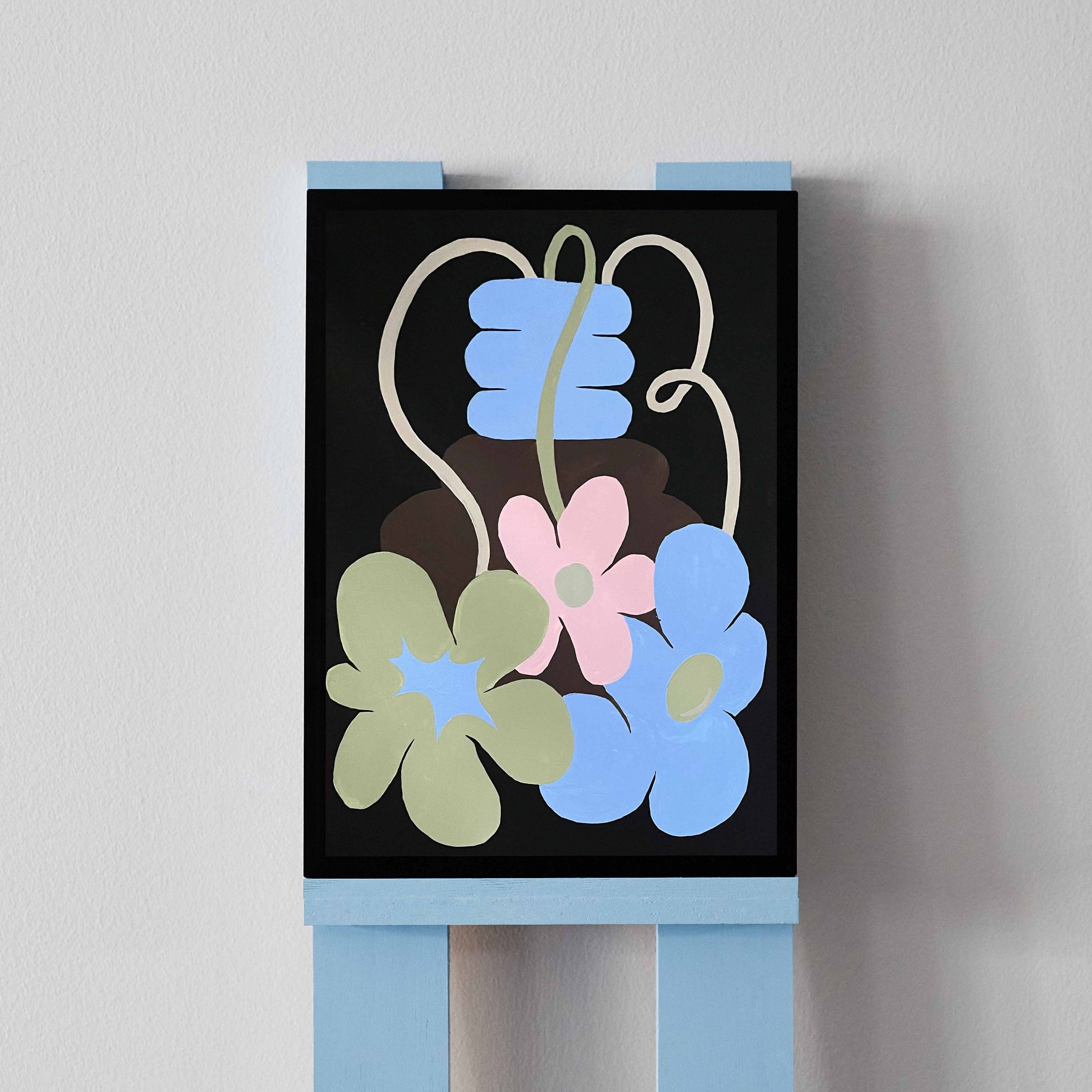 'Flower Arrangement 8' is an original acrylic artwork by Angela Tam featuring a vase and three flowers. The pastel blue vase sits at the top of the frame while the flowers droop over onto the bottom half of the composition. Displayed on a black frame.