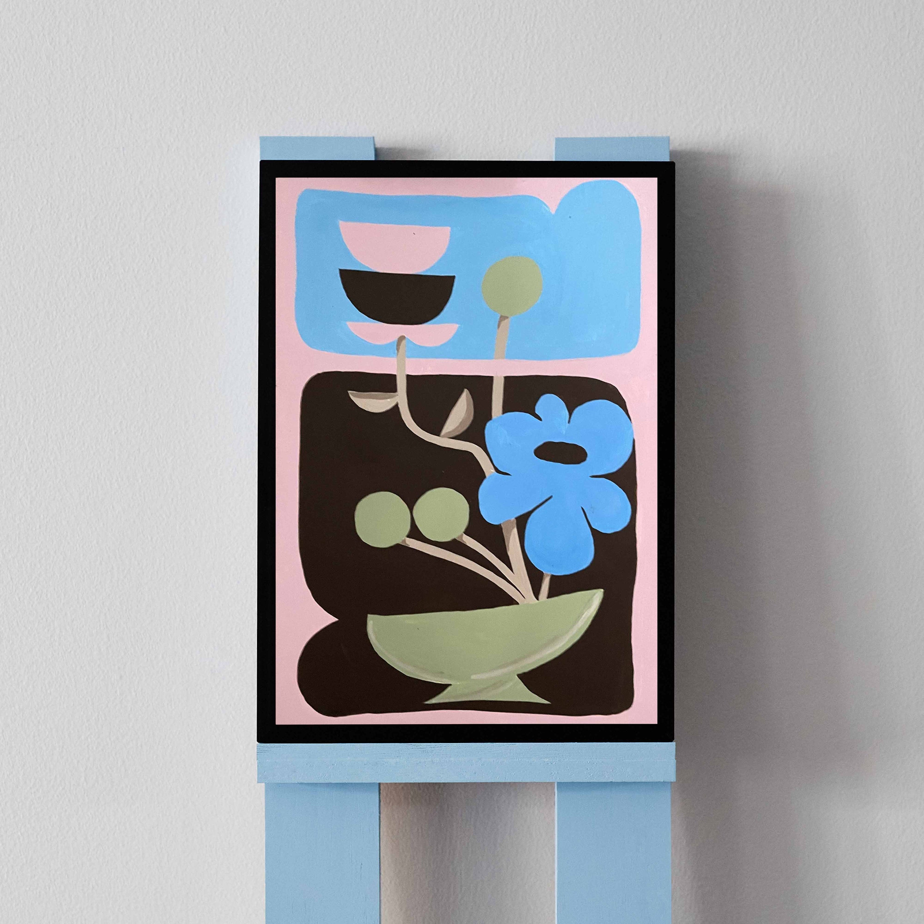 'Flower Arrangement 9' is an original acrylic painting by Angela Tam depicting an abstracted and simplified Ikebana arrangement. Various stems appear from a thin dish at the base, and stretch towards the sky as represented by a blue rounded shape. Displayed on a black frame.
