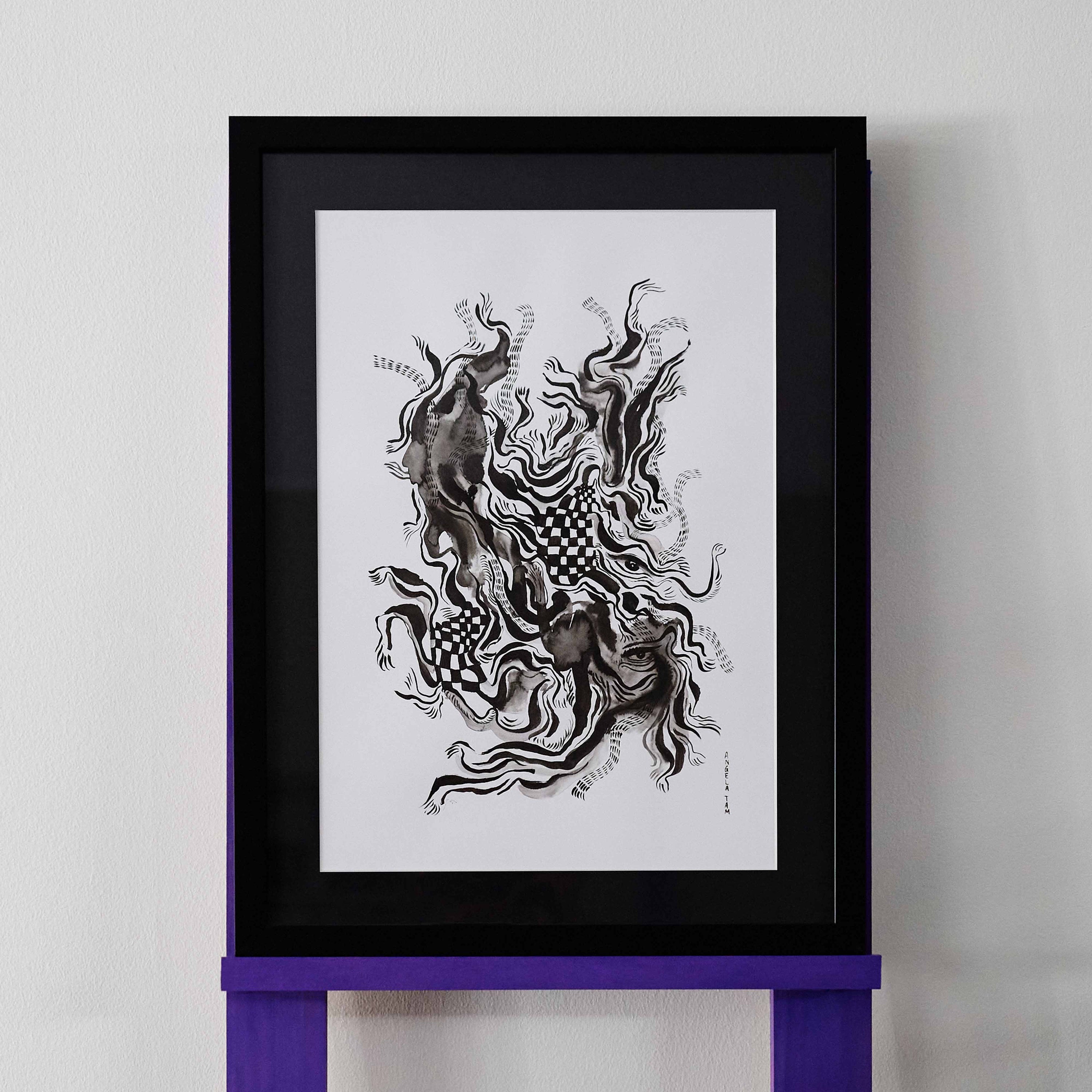 Angela Tam's 'Highs and Lows Pass By' is an abstract depiction of the artist's subconscious and evolving energy. The black ink contrast to the white background, and various weights of brush lines create tension. The artwork is fluid and hypnotic, displayed in a black mount and black frame.