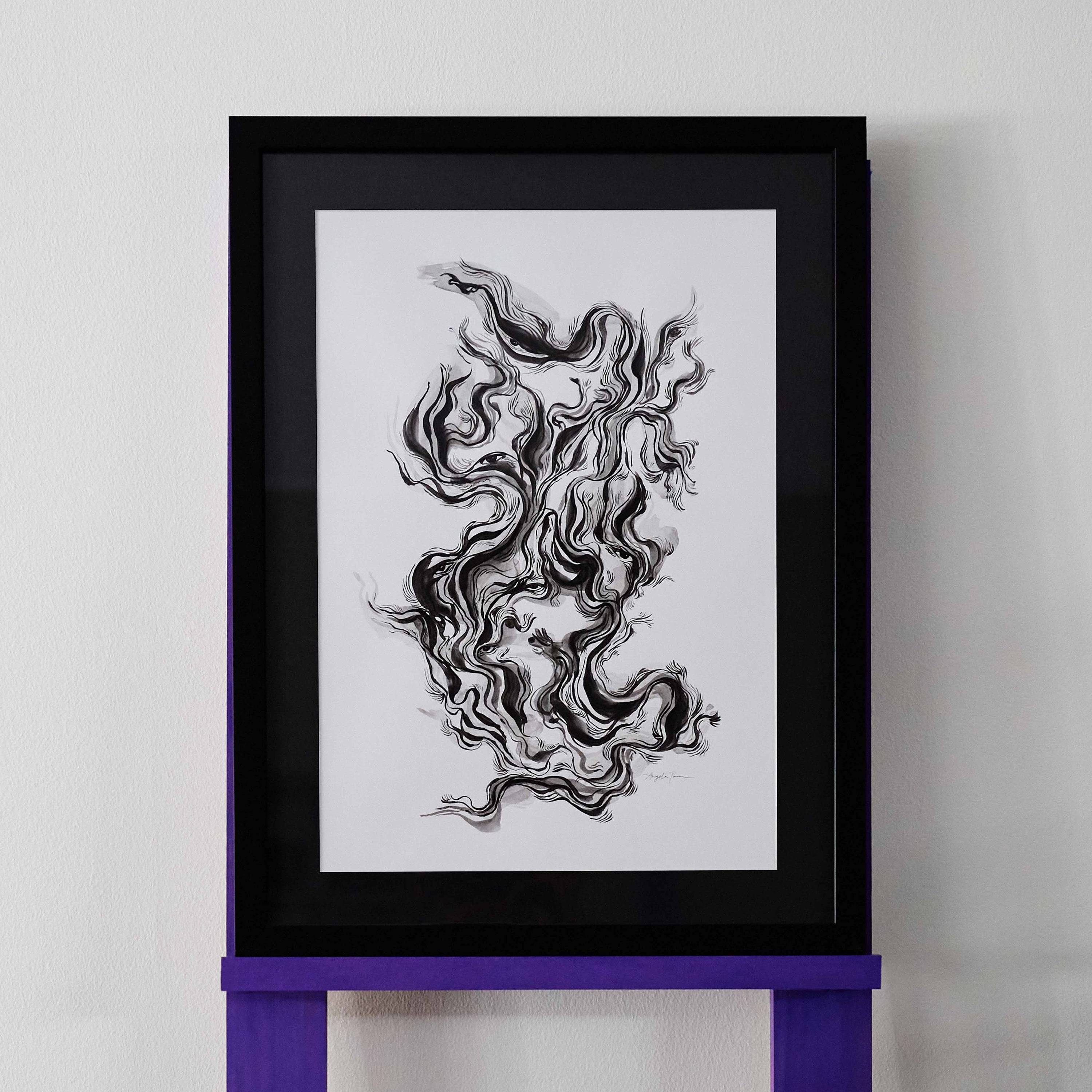 'Mystical Dreamer' is an original ink painting by Angela Tam. The various waves of brush strokes are reminiscent of topographic maps, in this case, a map of the artist's subconscious landscape. The hypnotic artwork is framed in a black frame.