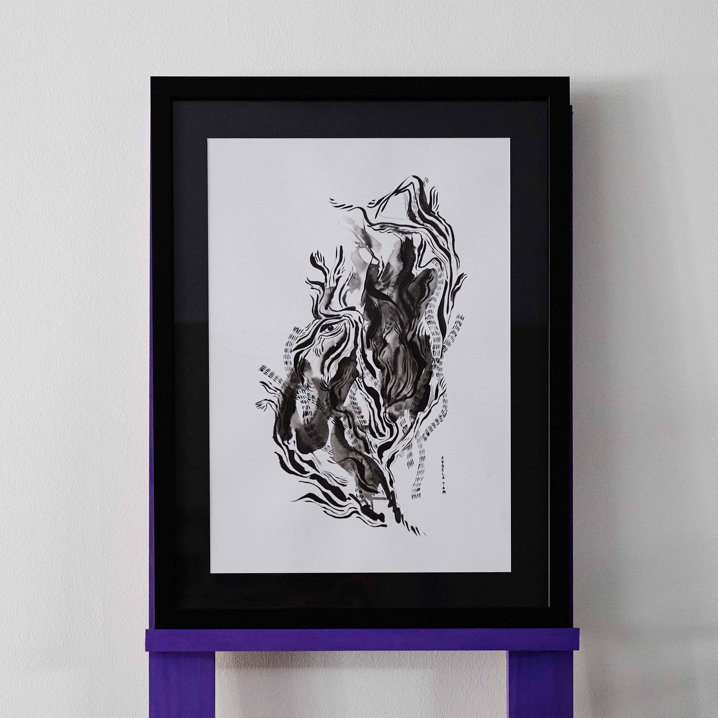 'Nurturing The Fire' is Angela Tam's abstract depiction of an inner flame. The original ink painting has brush strokes expanding to each direction of the frame, and an 'all-seeing' eye at the center of it.