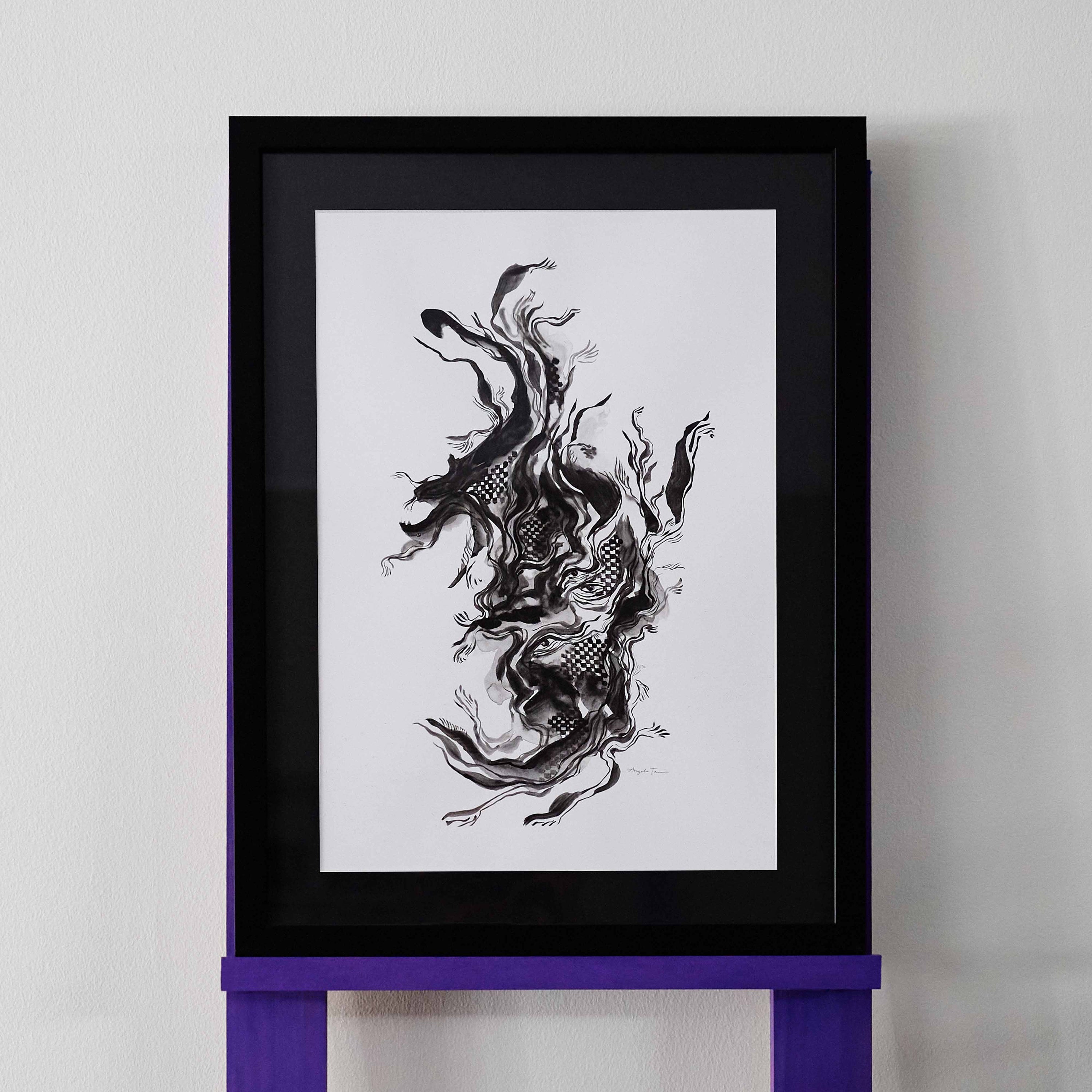 'Perception' is an original ink painting by Angela Tam. Bold, fluid brush strokes constrast with tiny rigid checks in an abstract composition. Within are two eyes from which all other lines flow. Displayed in a black frame.