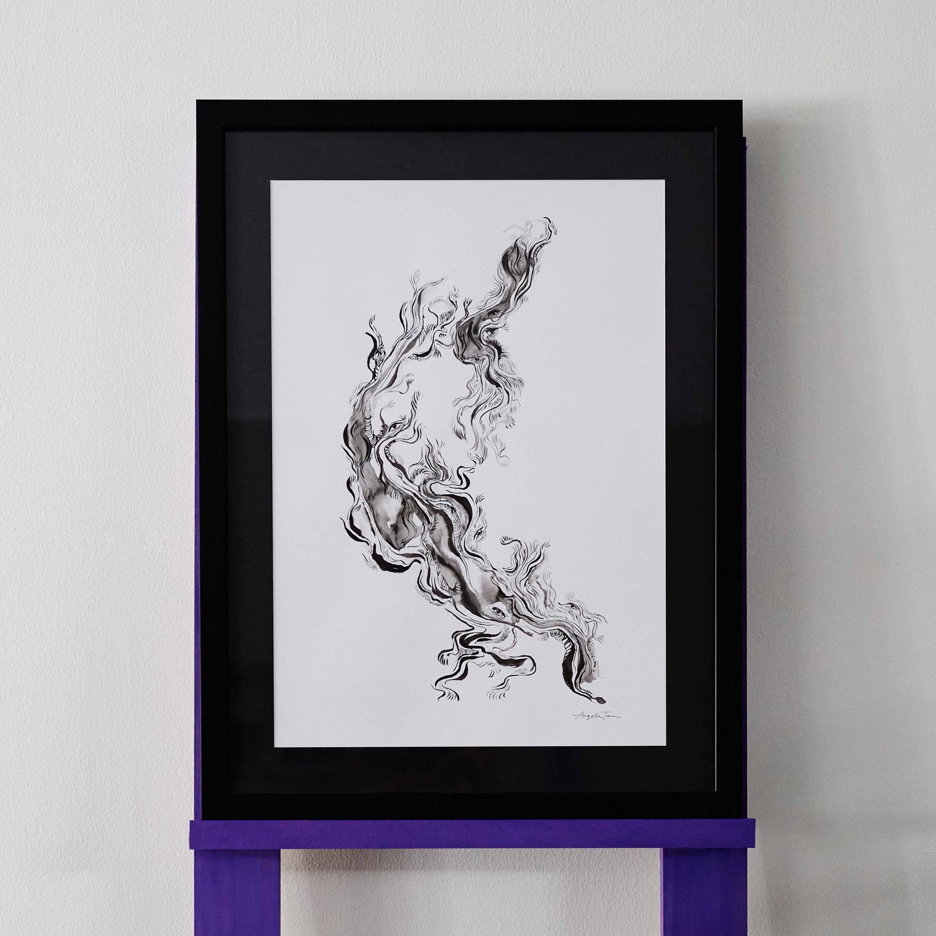 'Shapeshifter' is an original ink painting by Angela Tam that nods to traditional Chinese ink painting forms. The various thin brush strokes form a dragon-like shape that moves across the frame. The artwork sits on a white background with a black mount and frame.