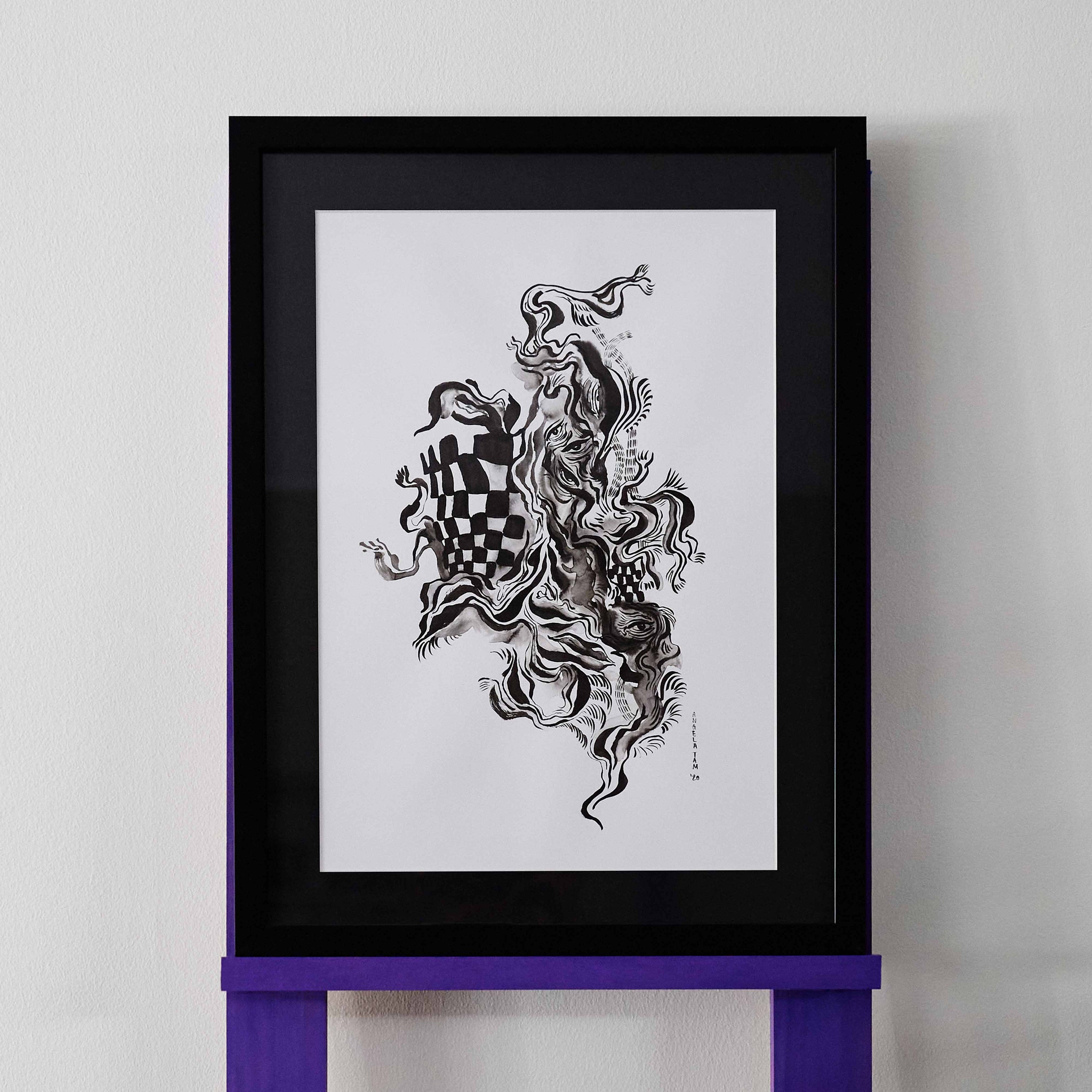 'Transitional' features a warped checked board wrapped in fluid ink brush strokes. This original painting by Angela Tam uses the flow of ink to create wavy lines that spread from top to bottom of the artwork. Displayed on a black frame.