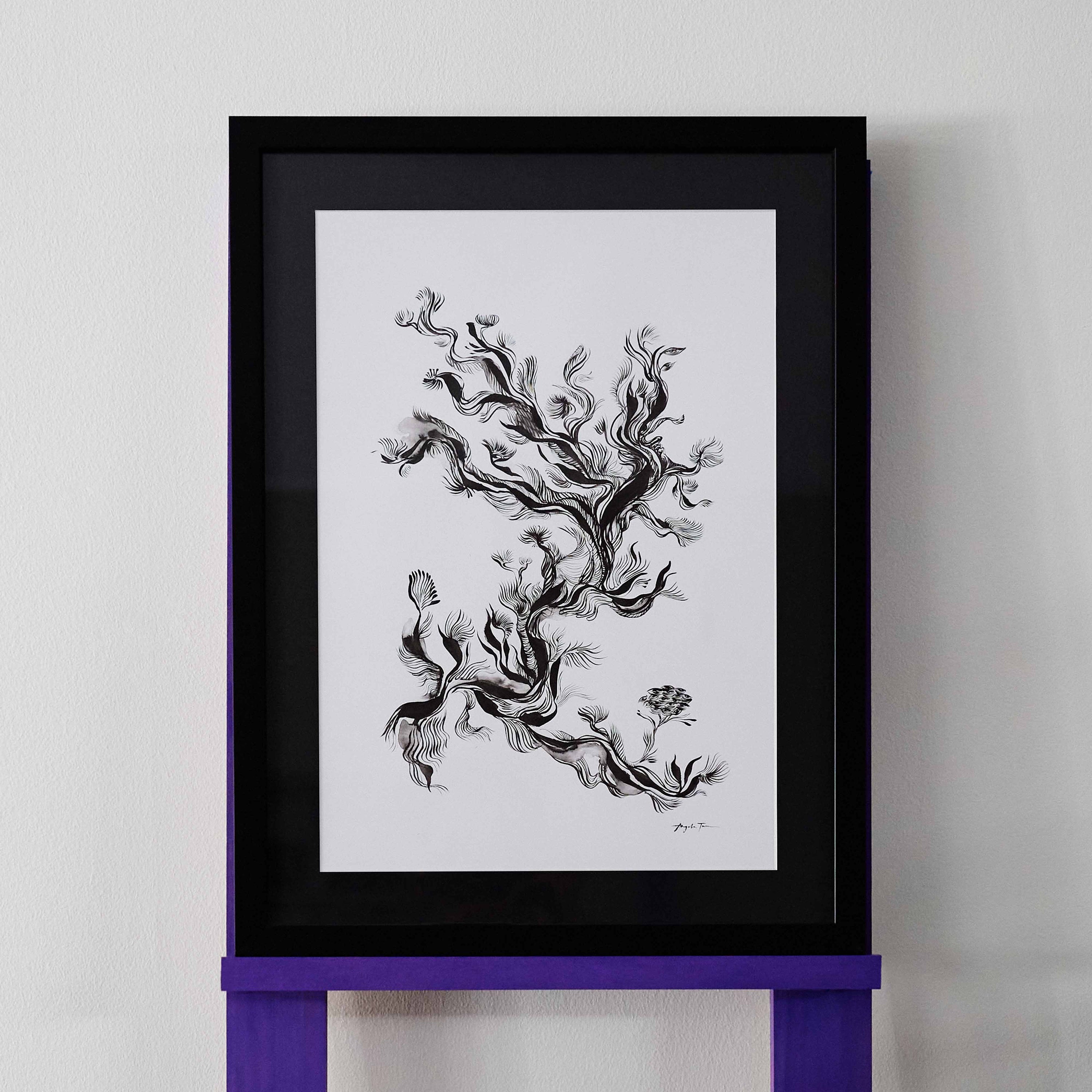 'Tree I've Never Seen Until Now' is an original ink painting by Angela Tam that uses fine brush strokes to form an abstracted tree. The various weights of ink marks form wavy and distorted branches that expand into the frame with wispy leaves on the ends. Displayed on a black frame.