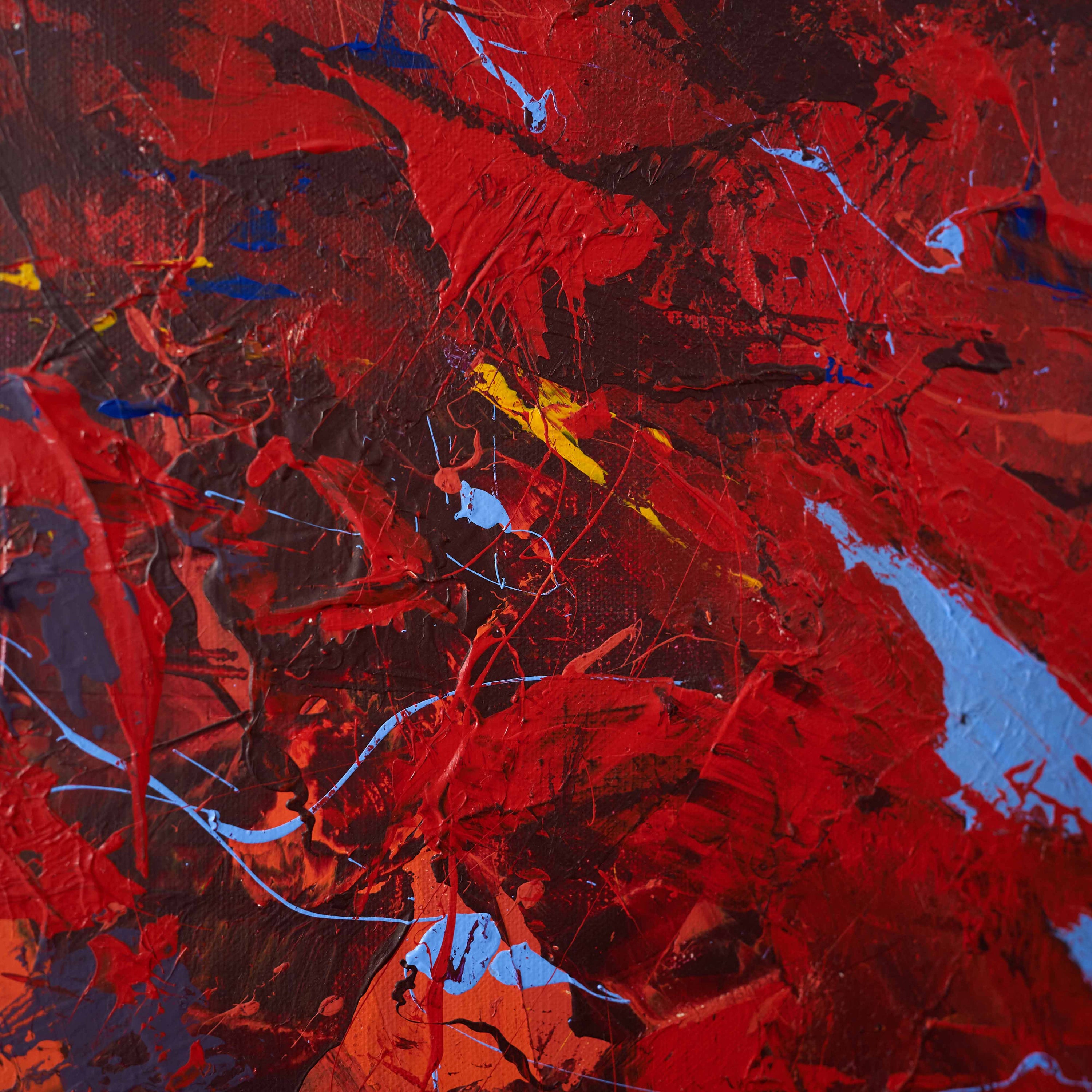 Close-up of wa sei's 'Aquarius Rising': Abstract expressionism painting. Red section showcases an abstracted choreography of mark-making with impasto and acrylic depth.