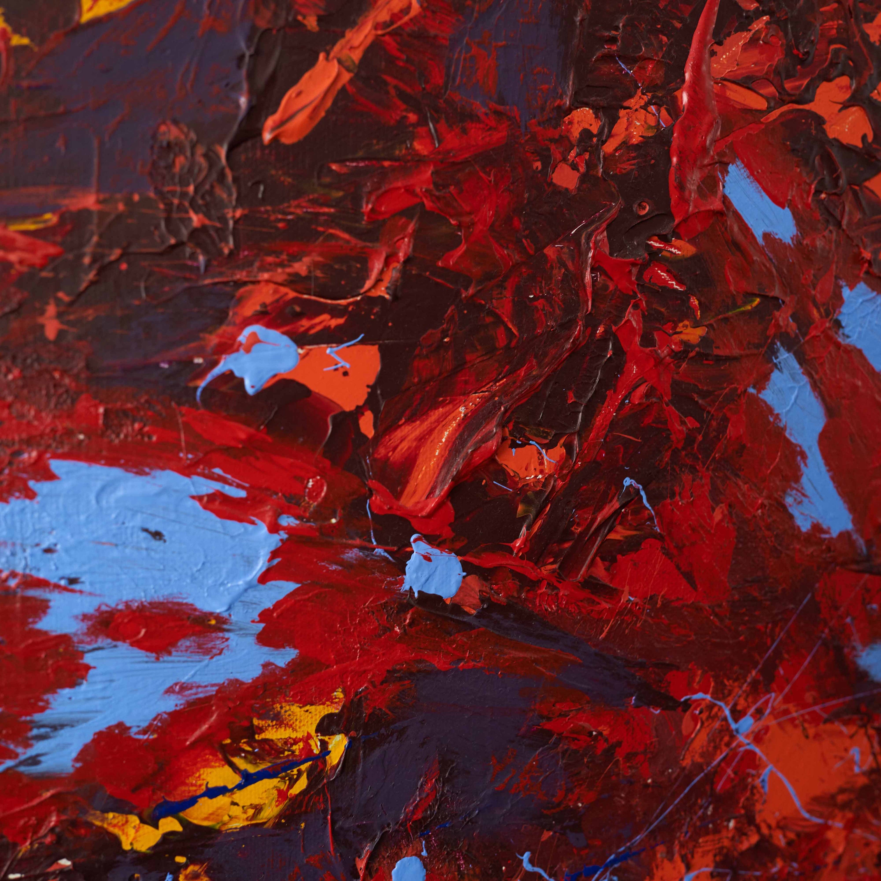 Close-up of wa sei's 'Aquarius Rising': Abstract expressionism painting. Red and blue sections reveal elegant acrylic smearing and distinctive impasto mark-making.