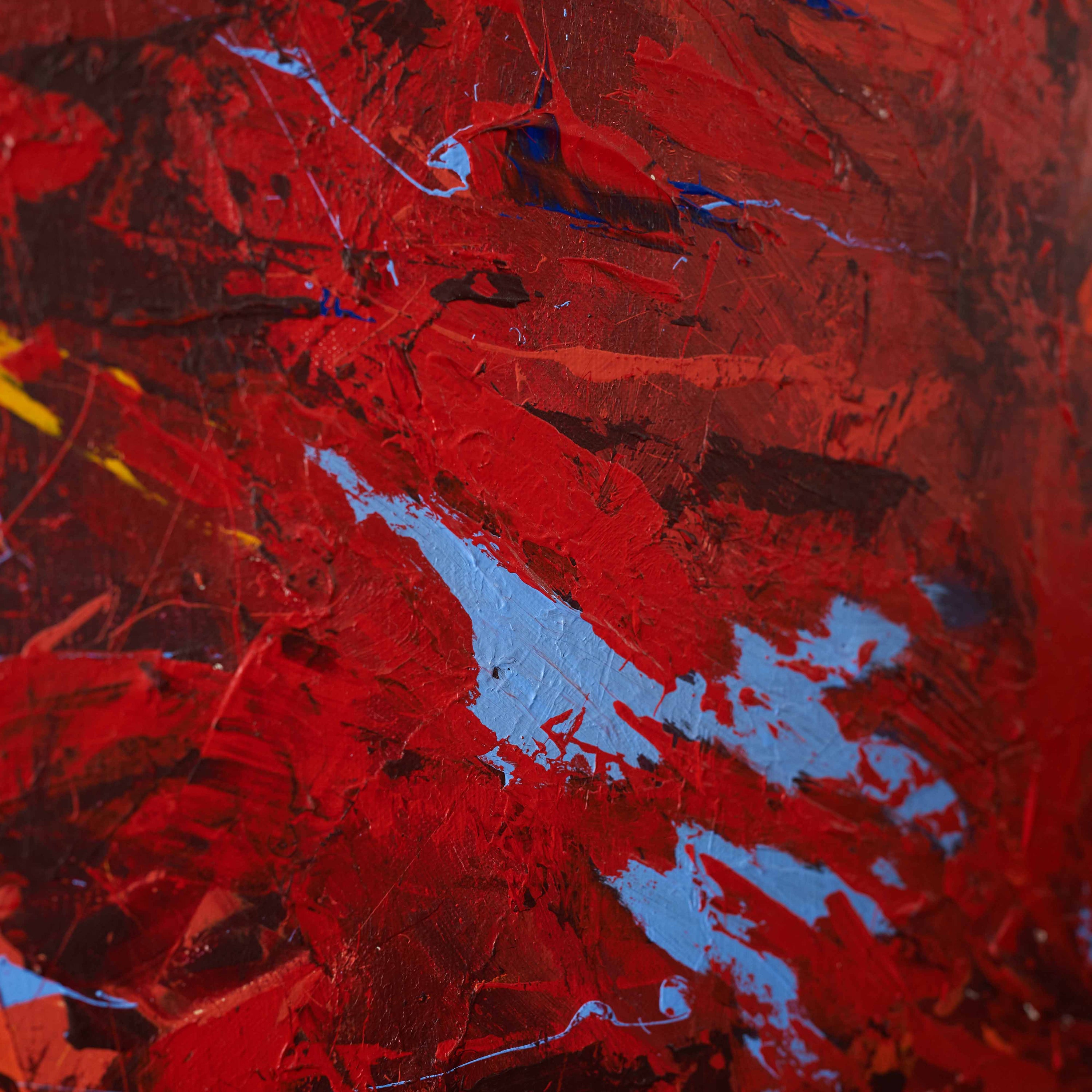 Close-up of wa sei's 'Aquarius Rising': Red and blue acrylic splatters contrast, embodying the style of abstract expressionism in this original artwork.