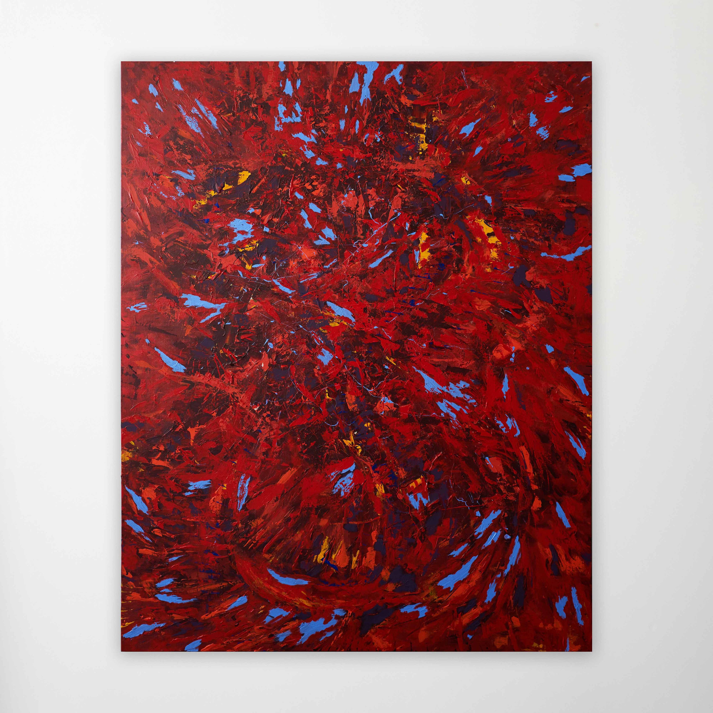 wa sei's 'Aquarius Rising': Original full canvas abstract. Bold red hues blend with contrasting sky blue, marked by expressive brushstrokes.