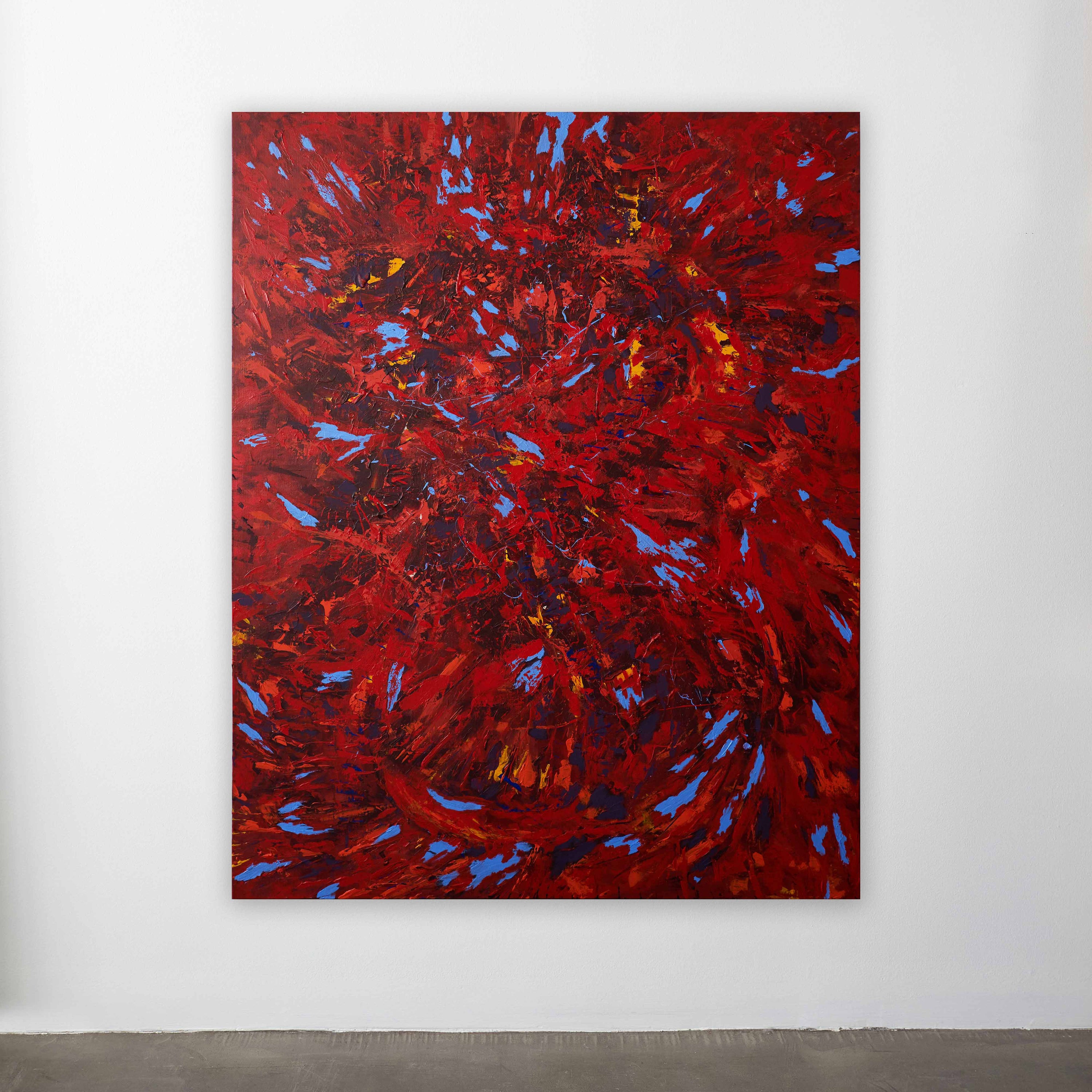 wa sei's 'Aquarius Rising' on white gallery wall. Bold red hues blend with contrasting sky blue, expressed through abstract mark-making choreography on canvas.