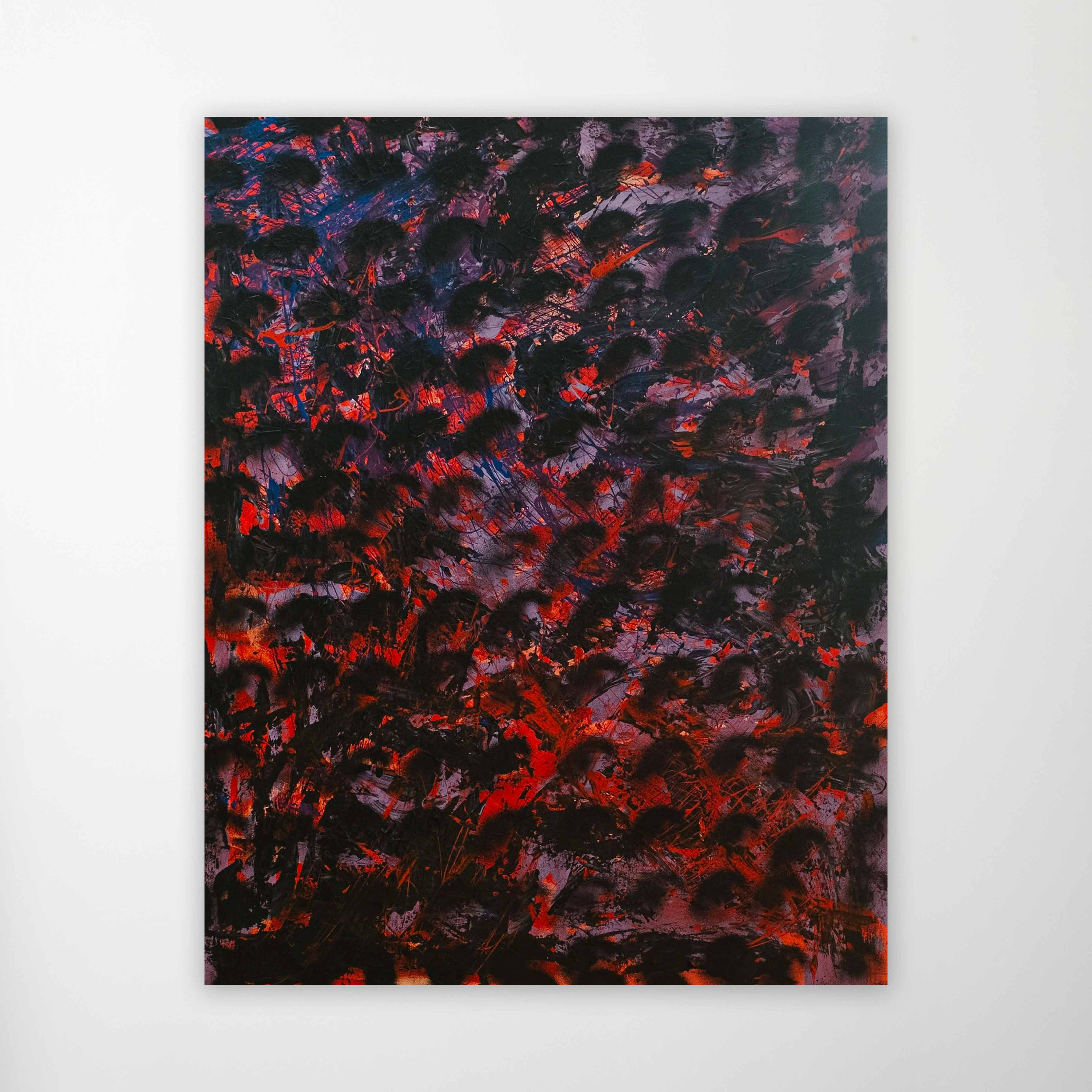 wa sei's ‘As ‘Shadow Inhales’: Original abstract art on canvas. Strong red hues blend with blue, expressed through abstract painting. Displayed on a white wall.