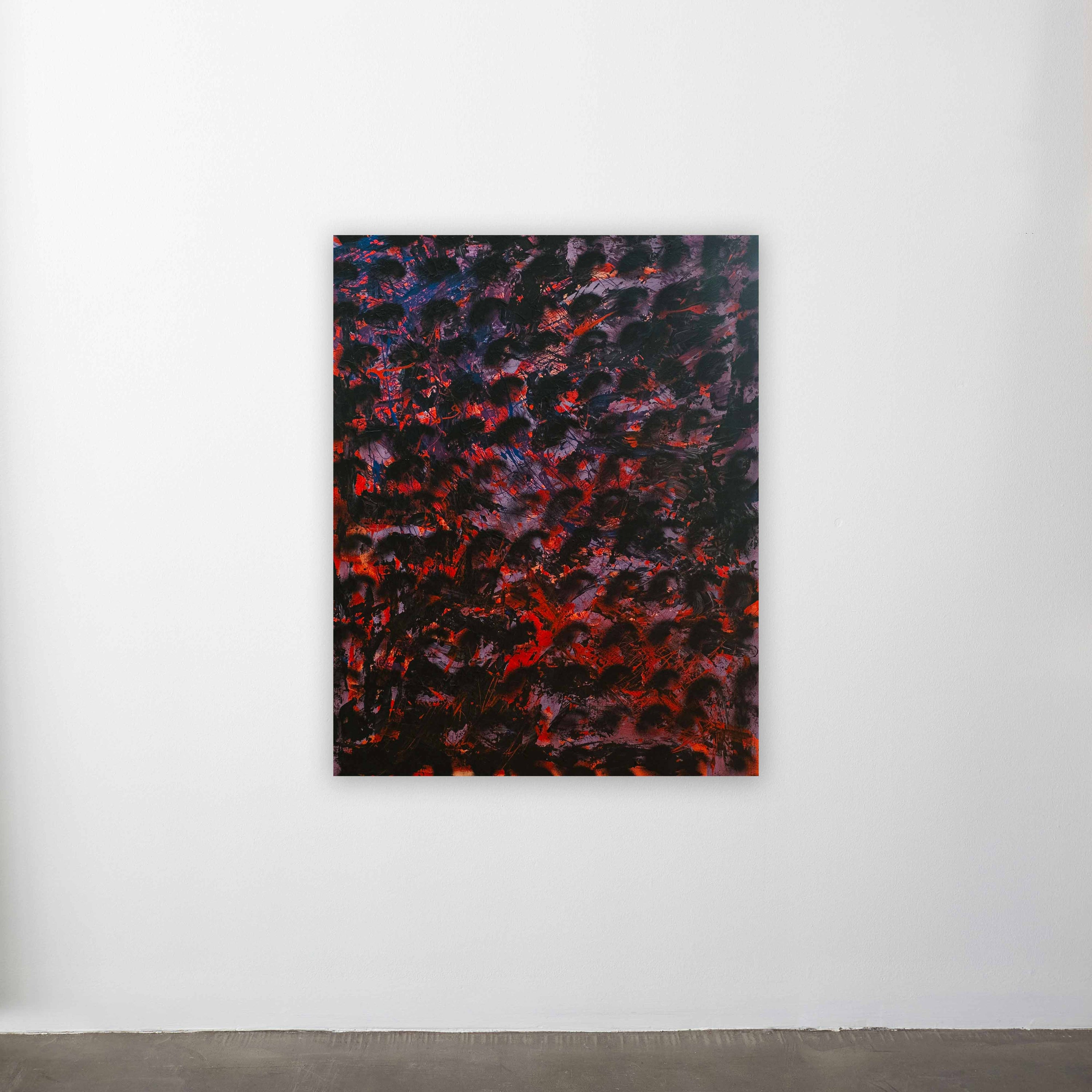 wa sei's ‘As ‘Shadow Inhales’: Original abstract art on canvas. Strong red hues blend with blue, expressed through abstract painting. Displayed on a gallery wall.