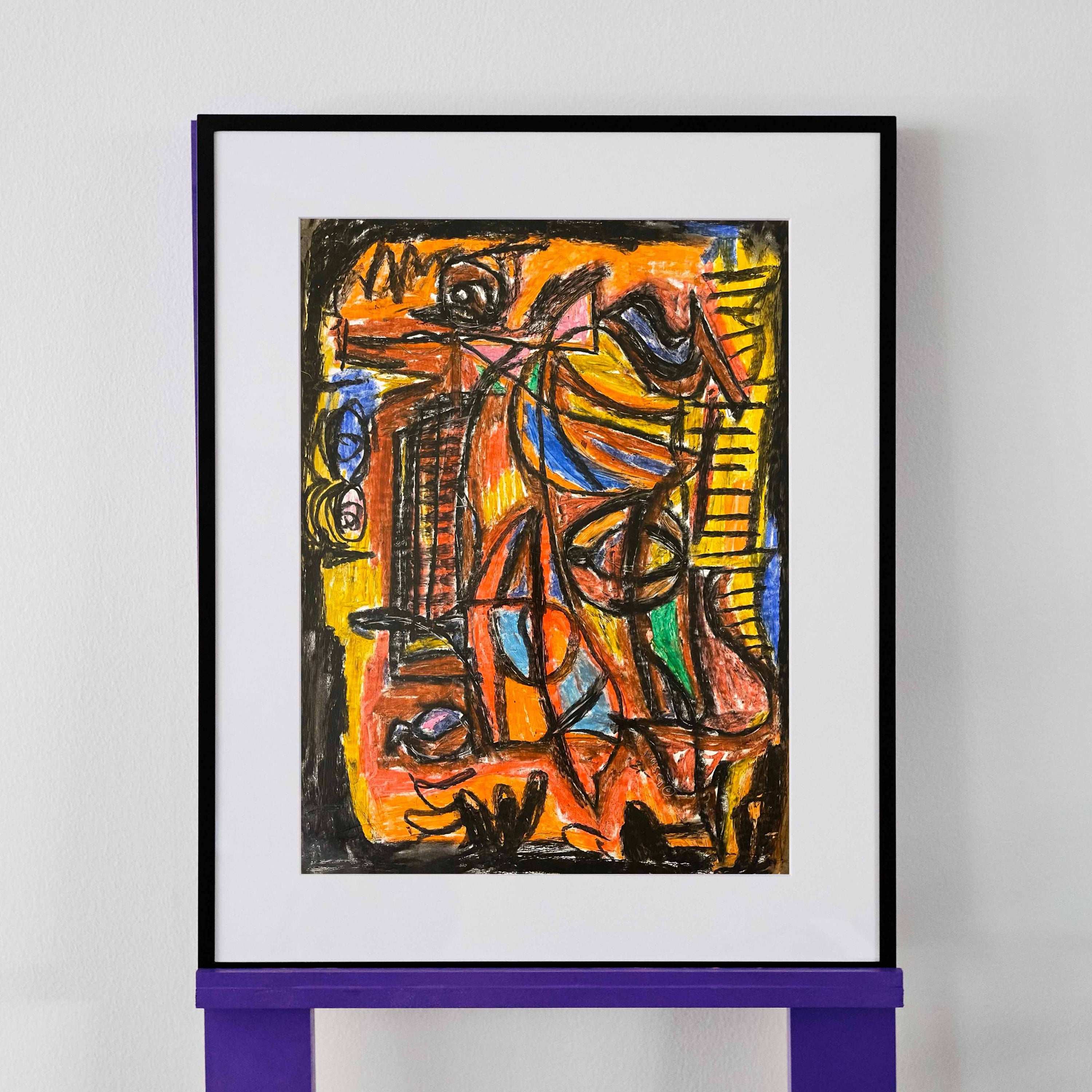 Inviting abstract drawing by wa sei, adorned with warm hues, creating a captivating interplay of rich tones and textures. Displayed elegantly within a black frame.