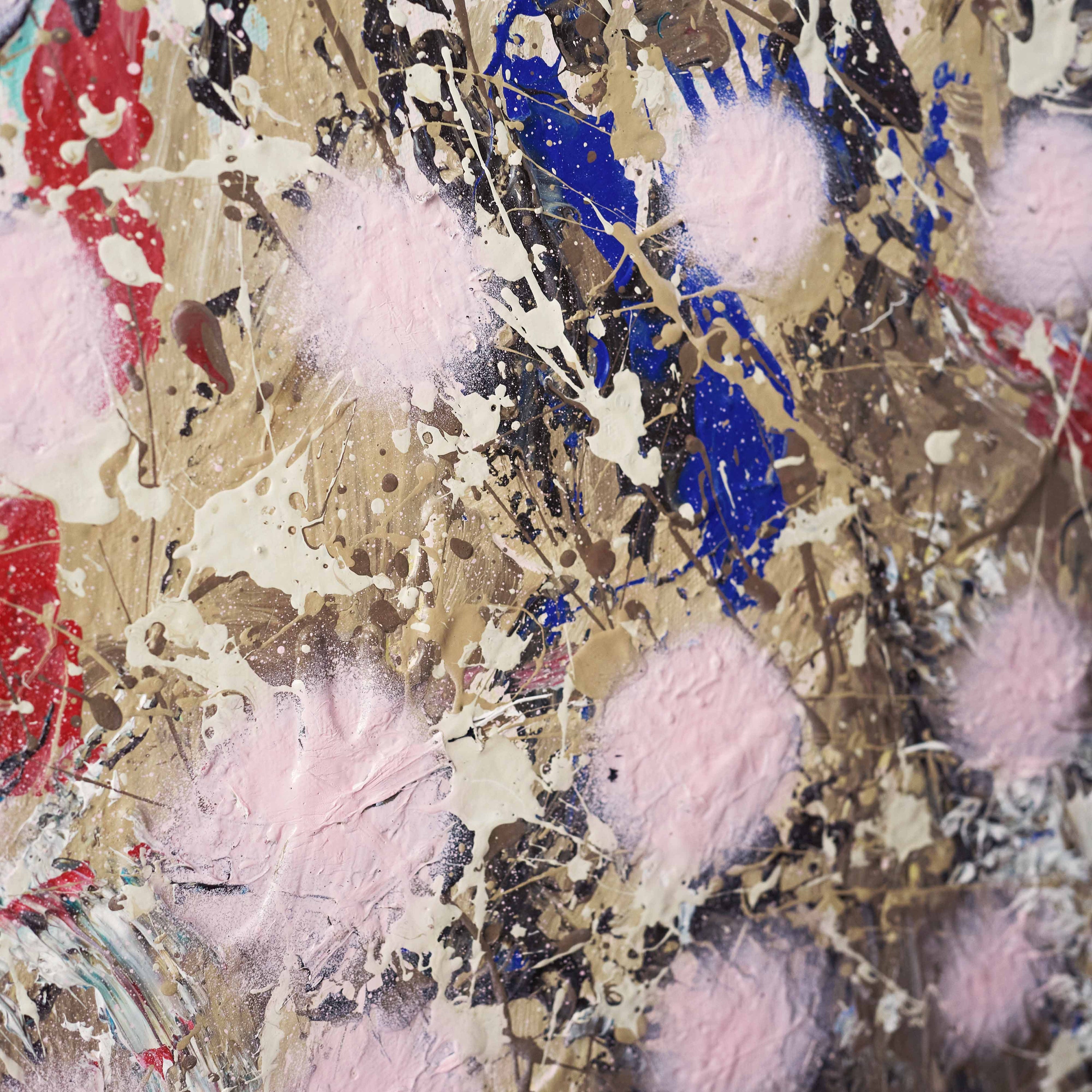 Close-up of 'Illumination Exhales Light' by wa sei. Bold pink dots harmonize with earth tones, revealing intricate abstract splatters and mark-making on canvas.