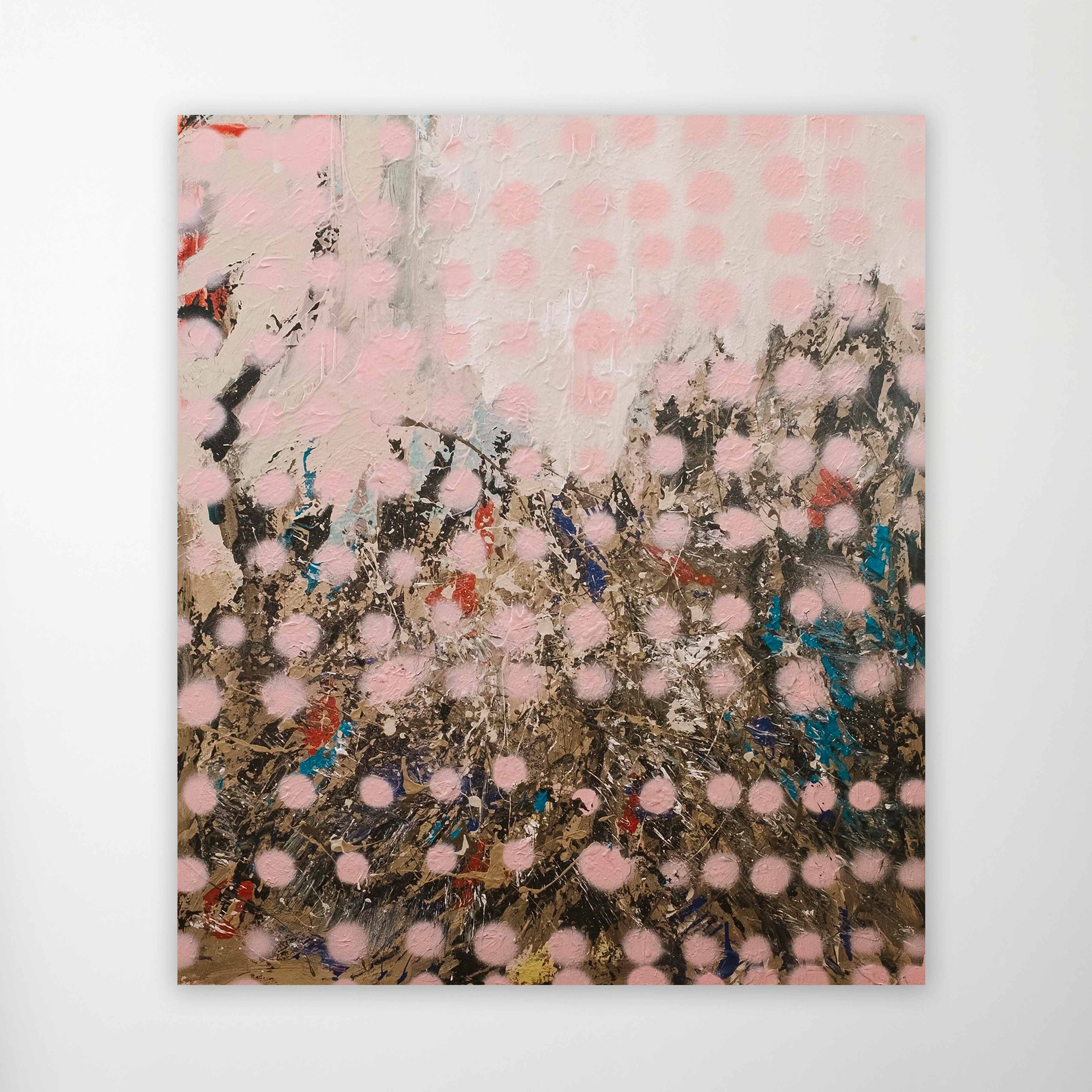 Illumination Exhales Light’ by wa sei on a white wall. Bold pink dots blend with earth tones, expressed through abstract splatters and mark-making on canvas.