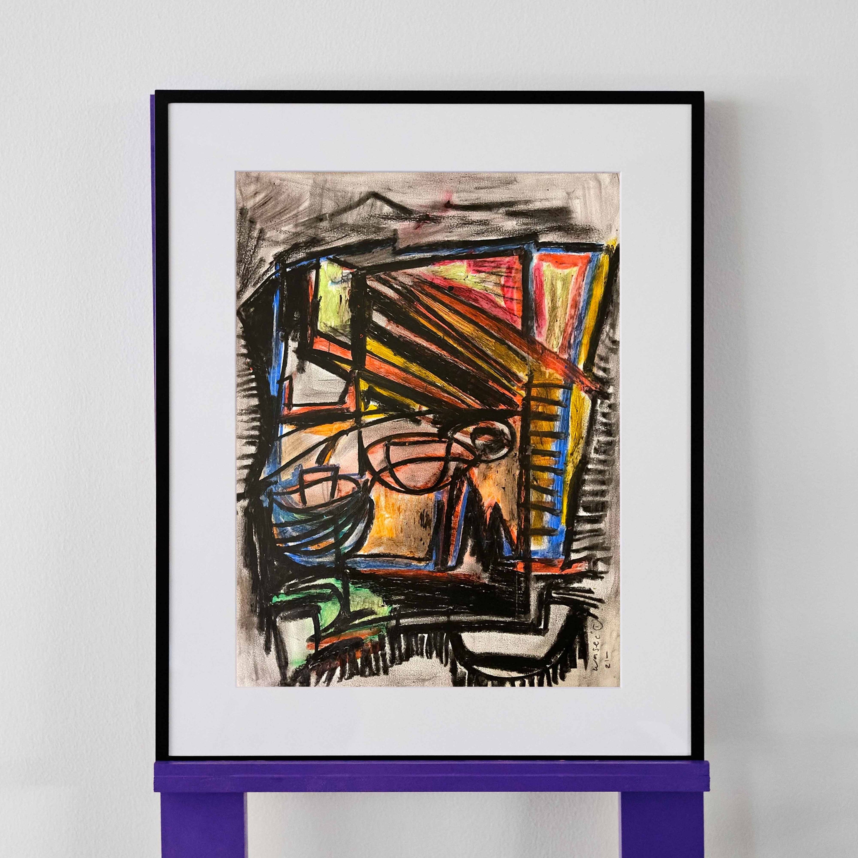 A dynamic figurative abstract drawing of a face by wa sei. The original artwork is presented on a black frame.