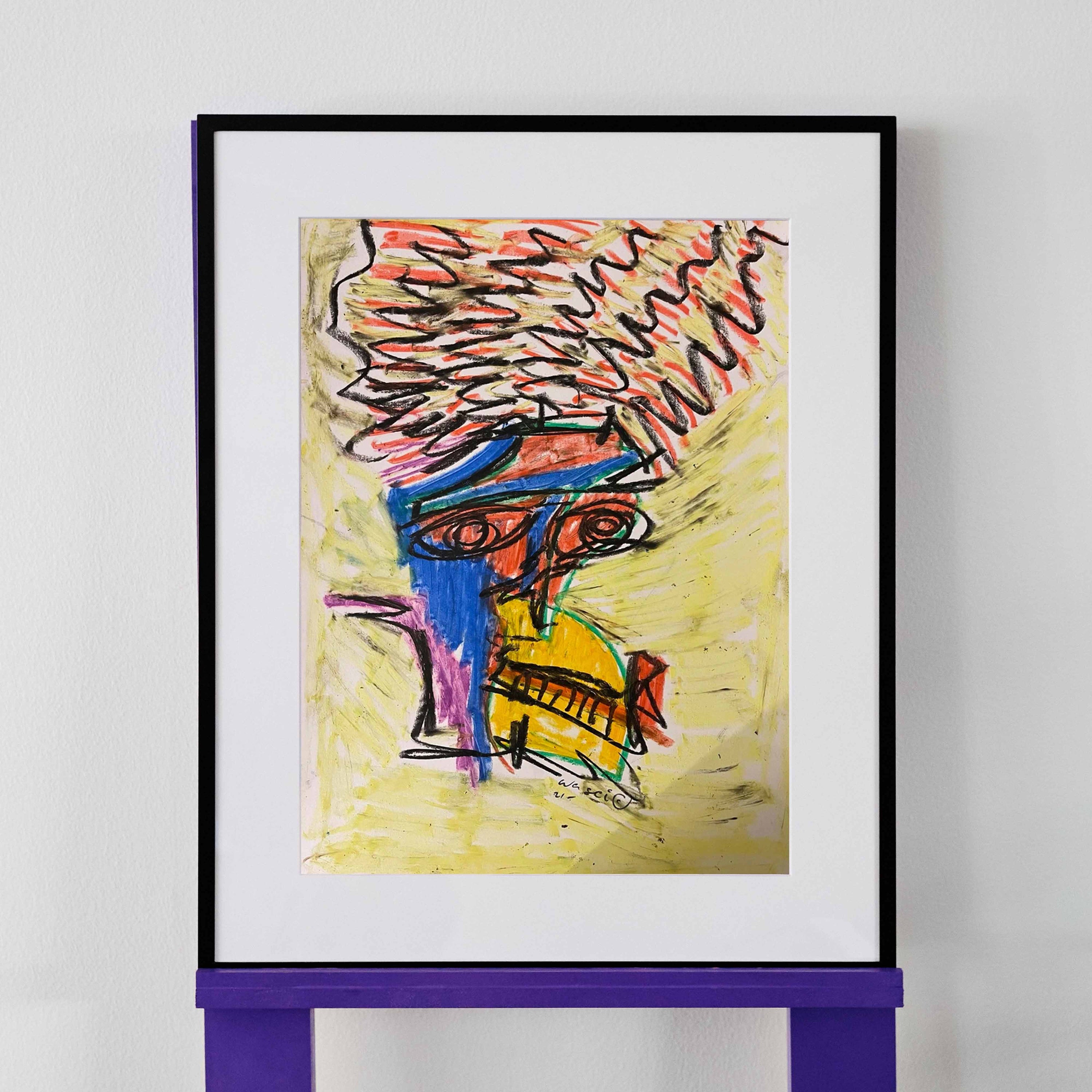 A vibrant and dynamic abstract drawing by wa sei, seen with yellow and blue colours, displayed in a black frame.