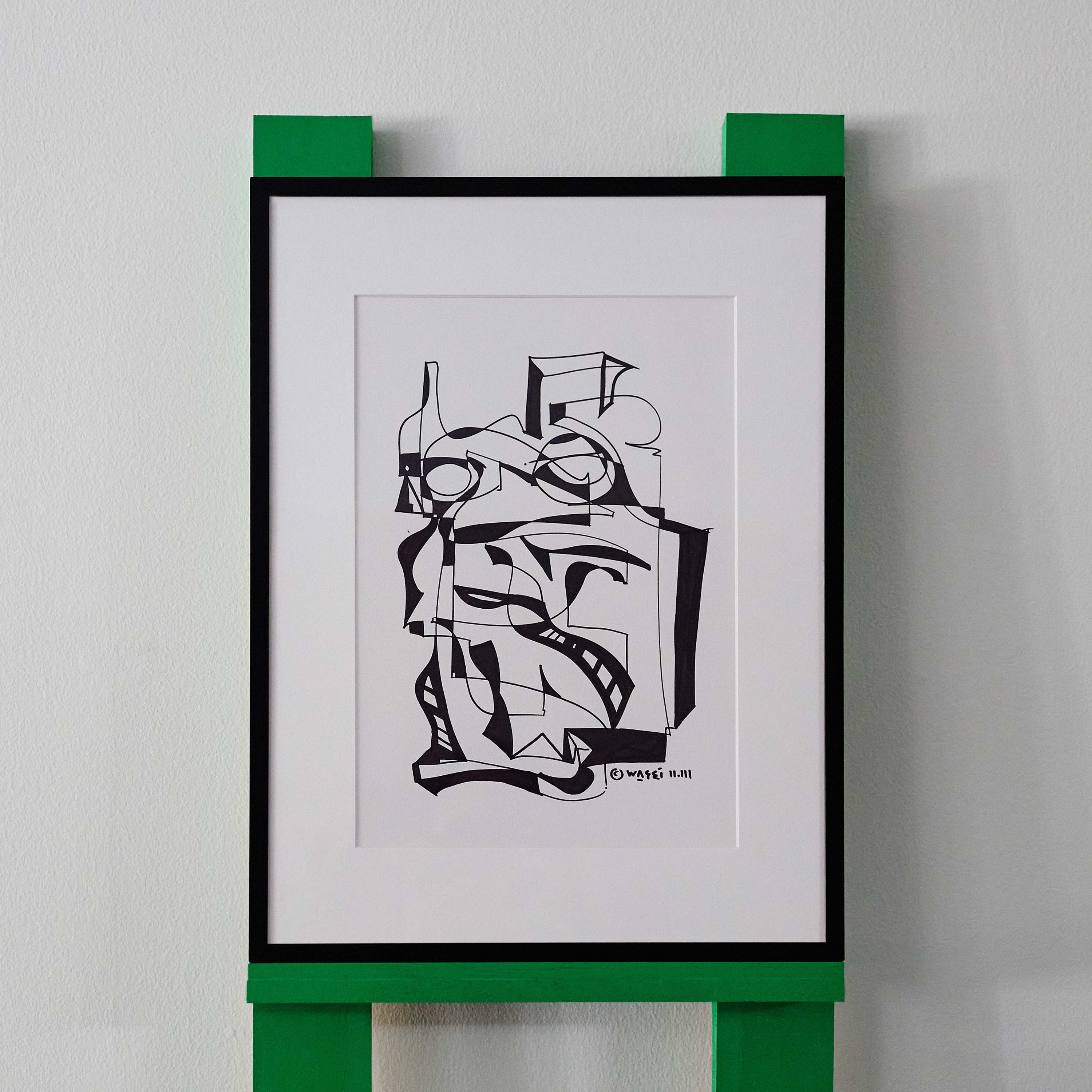 A black and white line drawing by wa sei. The artwork depicts an abstracted pattern of faces, displayed in a black frame.