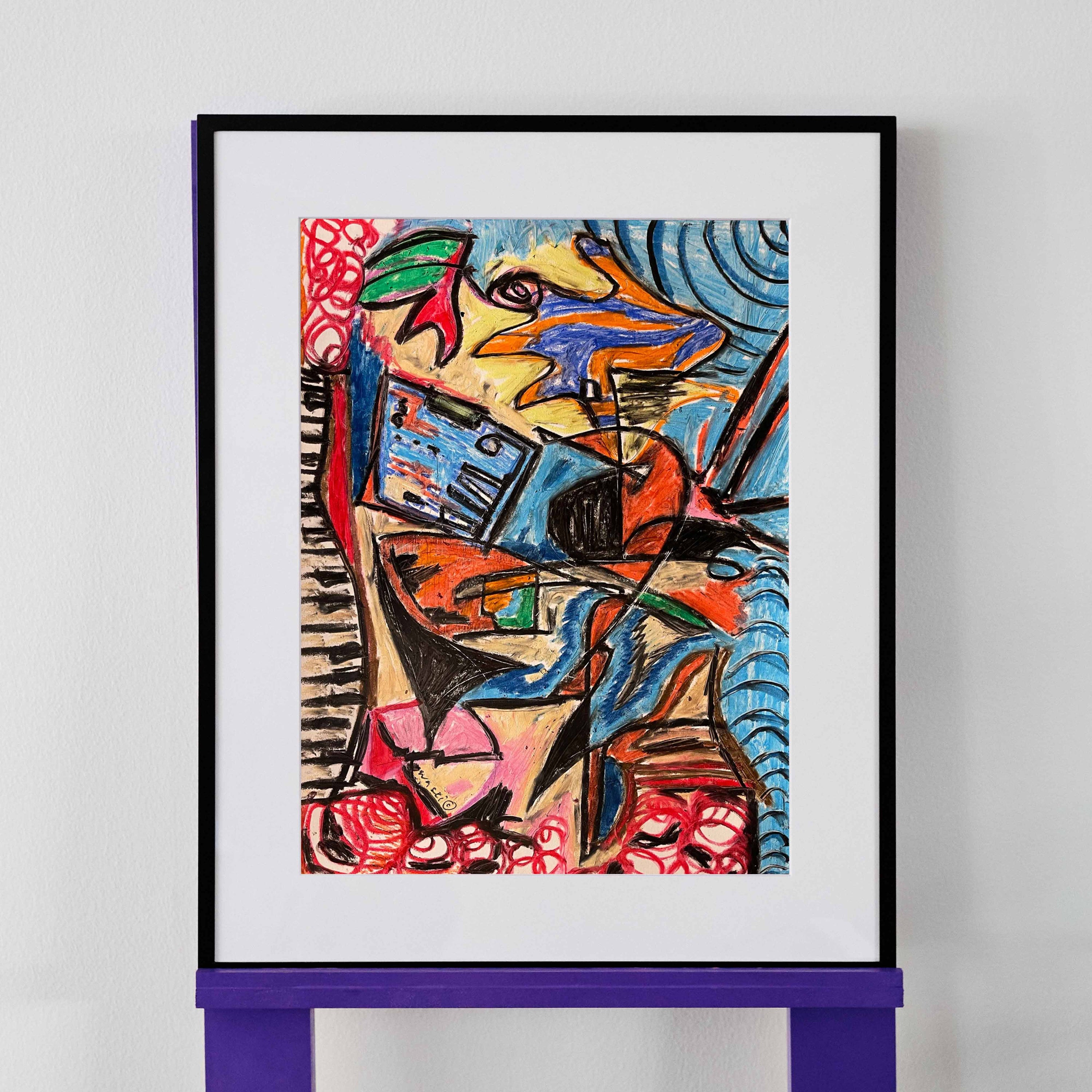 Vibrant original artwork by wa sei, an abstract drawing that highlights distorted musical instruments in a vibrant colour palette. Displayed elegantly on a black frame.