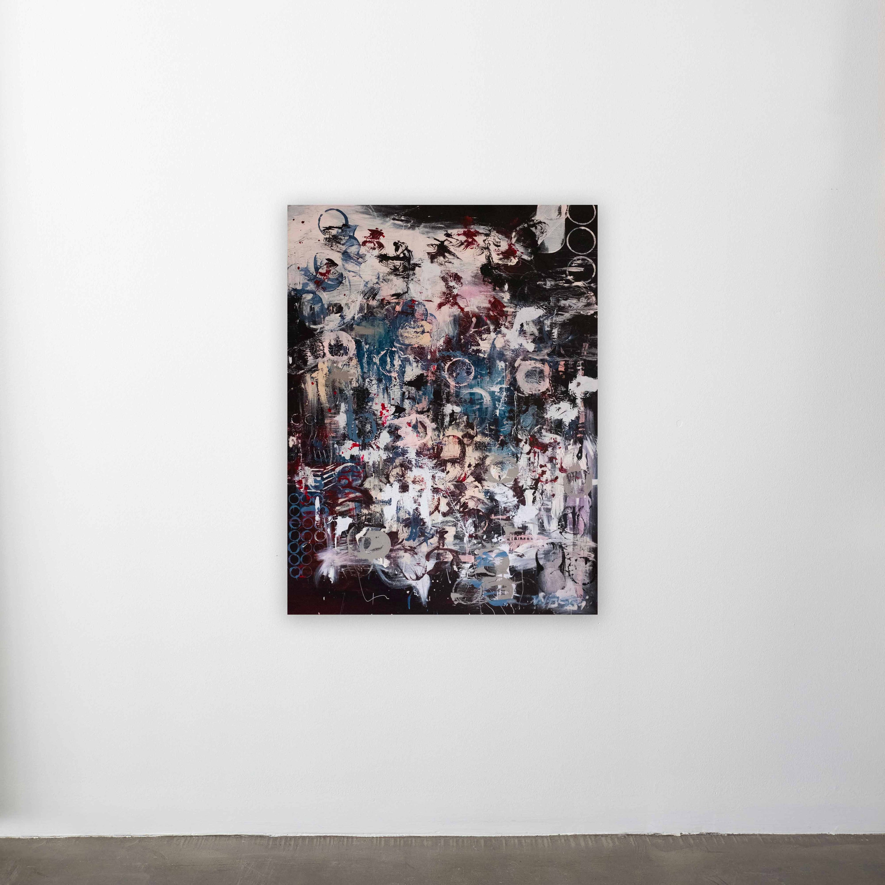 wa sei's "Mind Travellin' on a white gallery wall. Tones of white, washed blue and red on a black background.