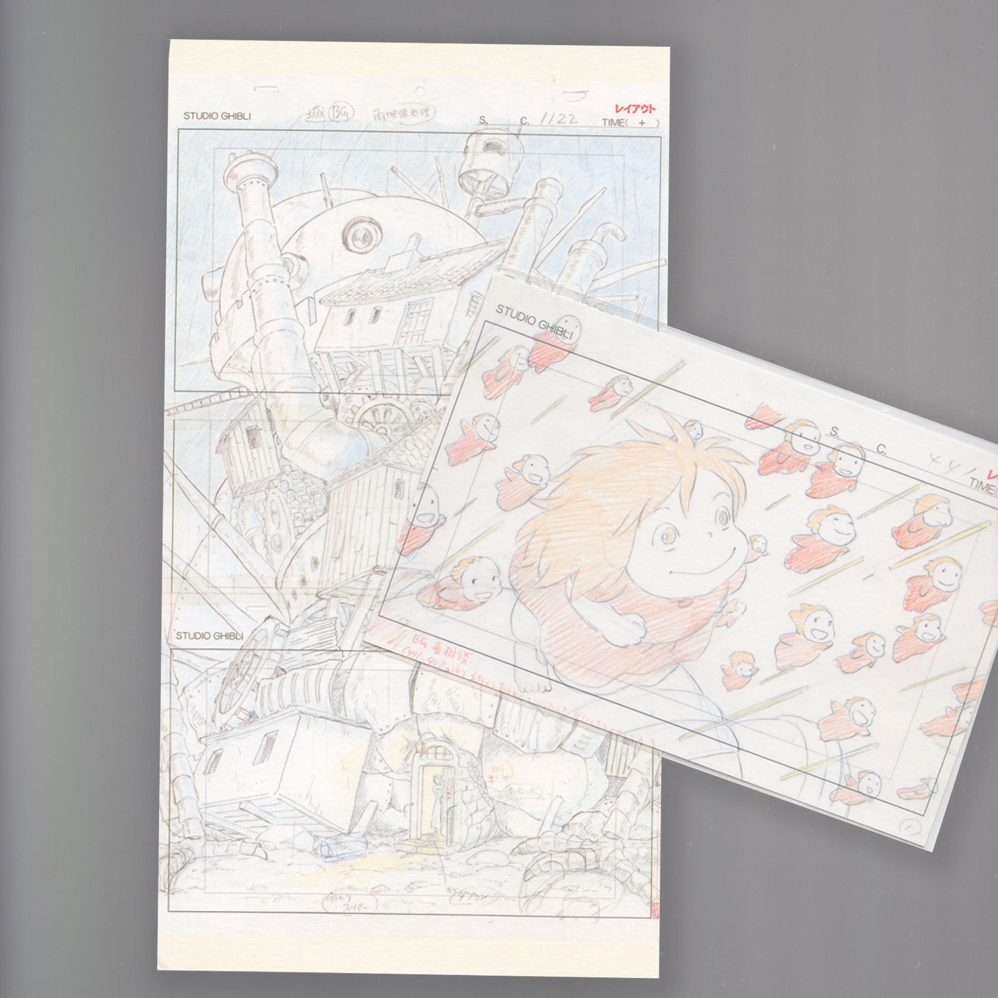 Two sketch illustration postcards of cartoon characters from the Ghibli Museum in Japan.