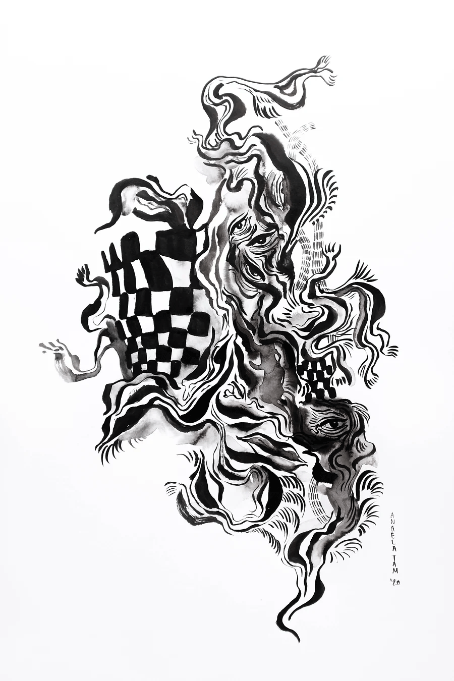 'Transitional' features a warped checked board wrapped in fluid ink brush strokes. This original painting by Angela Tam uses the flow of ink to create wavy lines that spread from top to bottom of the artwork. Displayed as a full image.