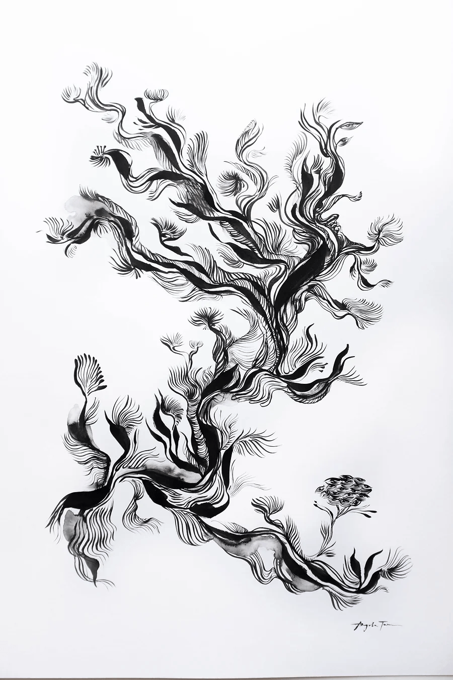 'Tree I've Never Seen Until Now' is an original ink painting by Angela Tam that uses fine brush strokes to form an abstracted tree. The various weights of ink marks form wavy and distorted branches that expand into the frame with wispy leaves on the ends. Displayed as a full image.