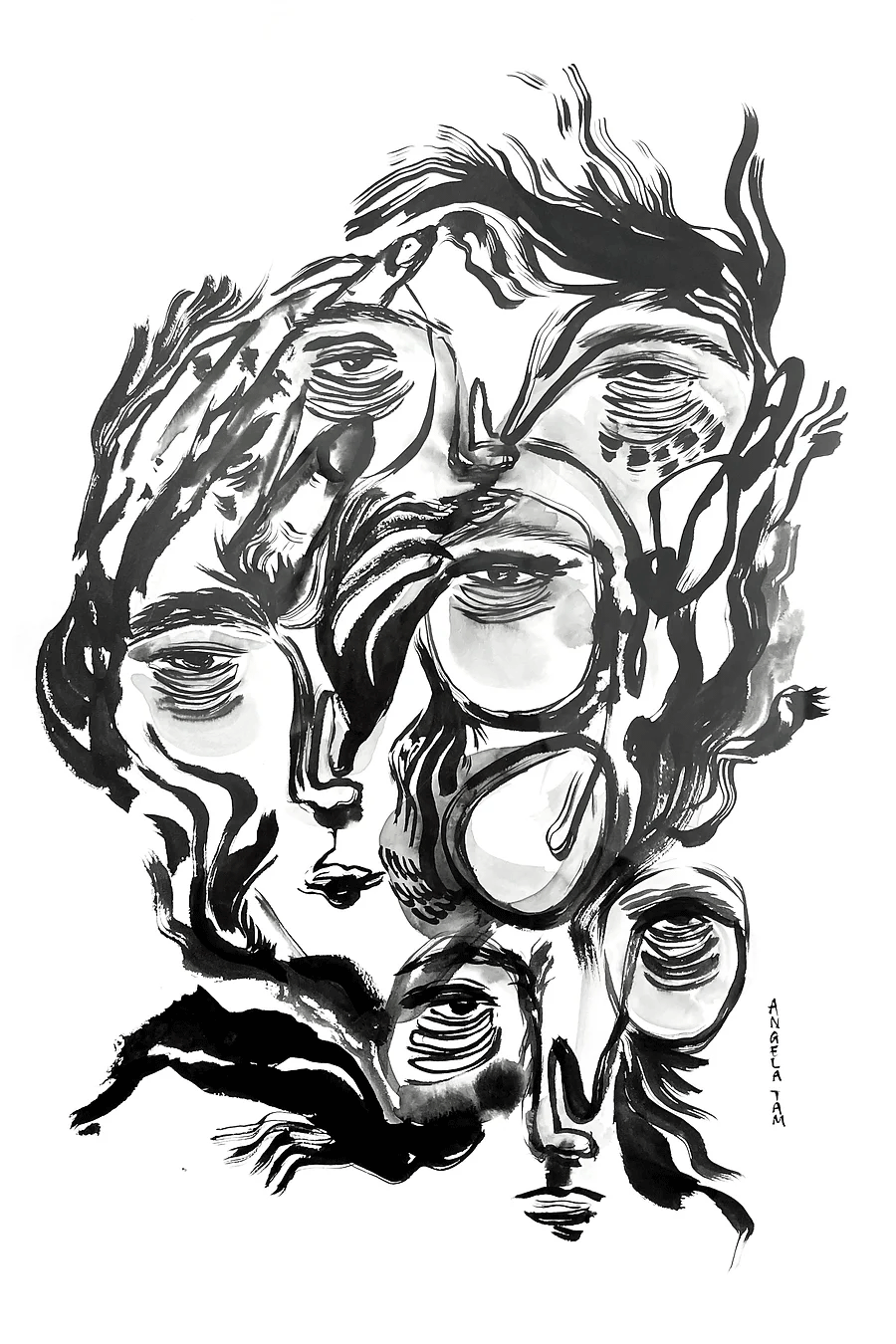 Angela Tam's original ink painting, 'What If It Never Ends' uses thicker, drier brush strokes to depict three abstracted faces amongst a contoured mental landscape. Displayed as a full image.