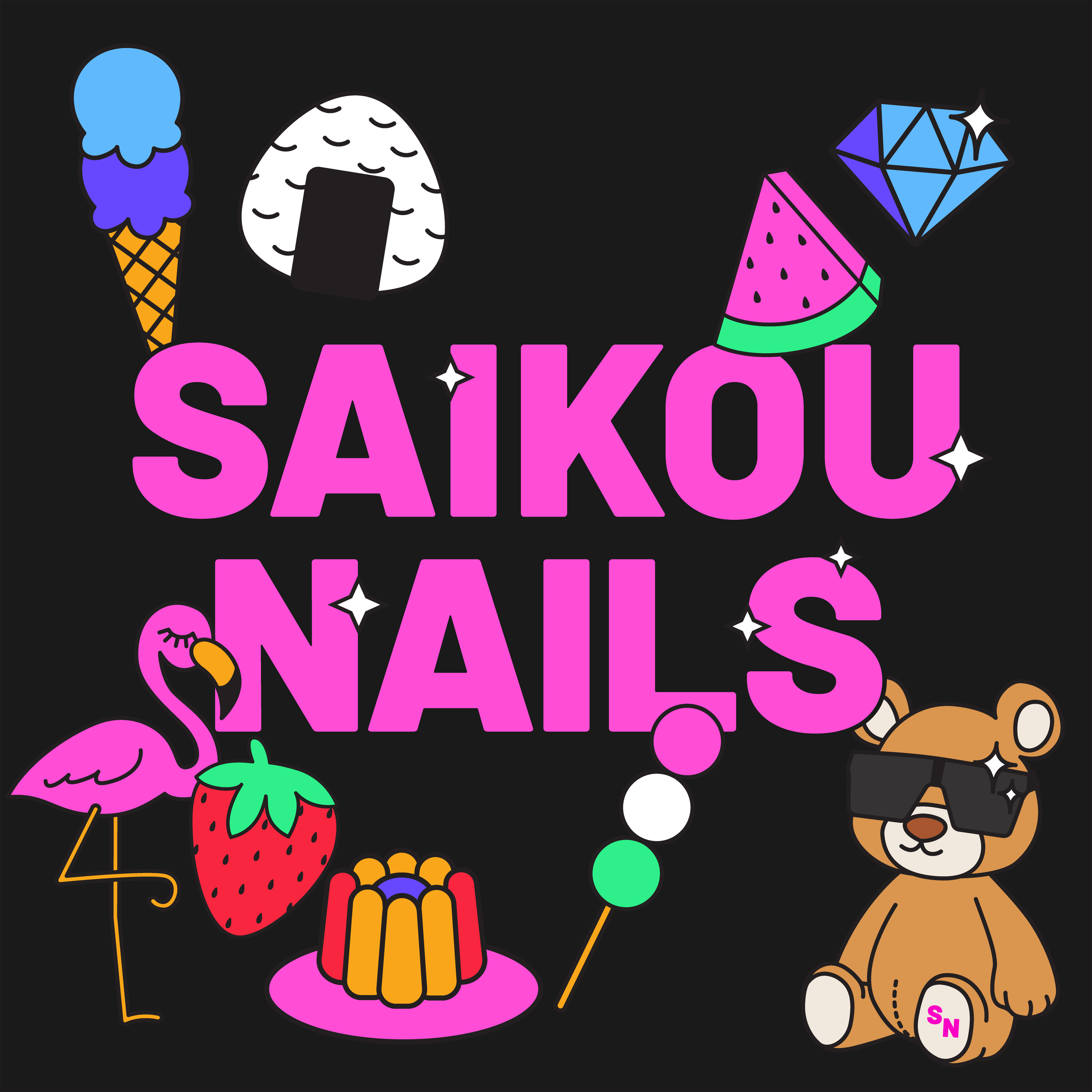 Cartoon illustrations of a flamingo, an onigiri, a strawberry and a diamond for the brand identity of beauty brand, Saikou Nails.