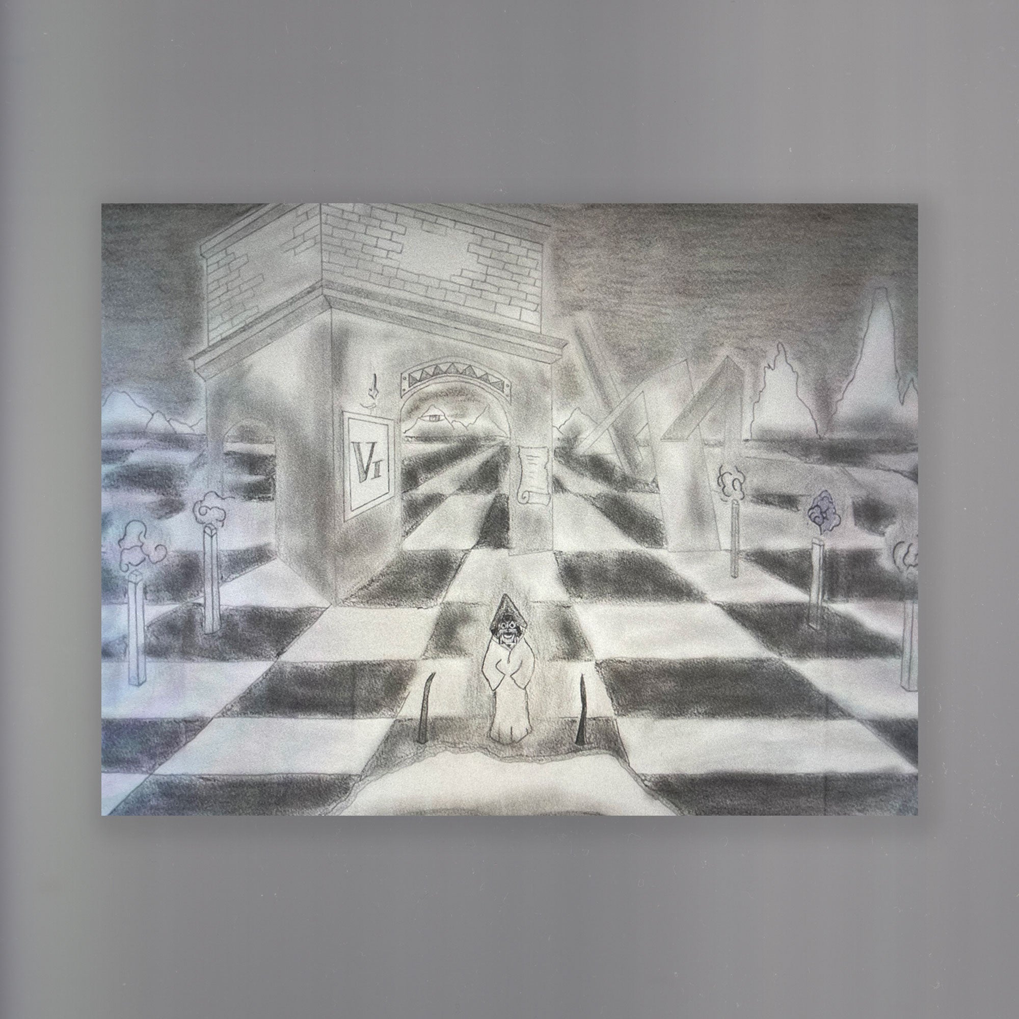 A black and white drawing by Rowland Reyes Martinez from 2011 depicting a surreal architectural space and cross board pattern.