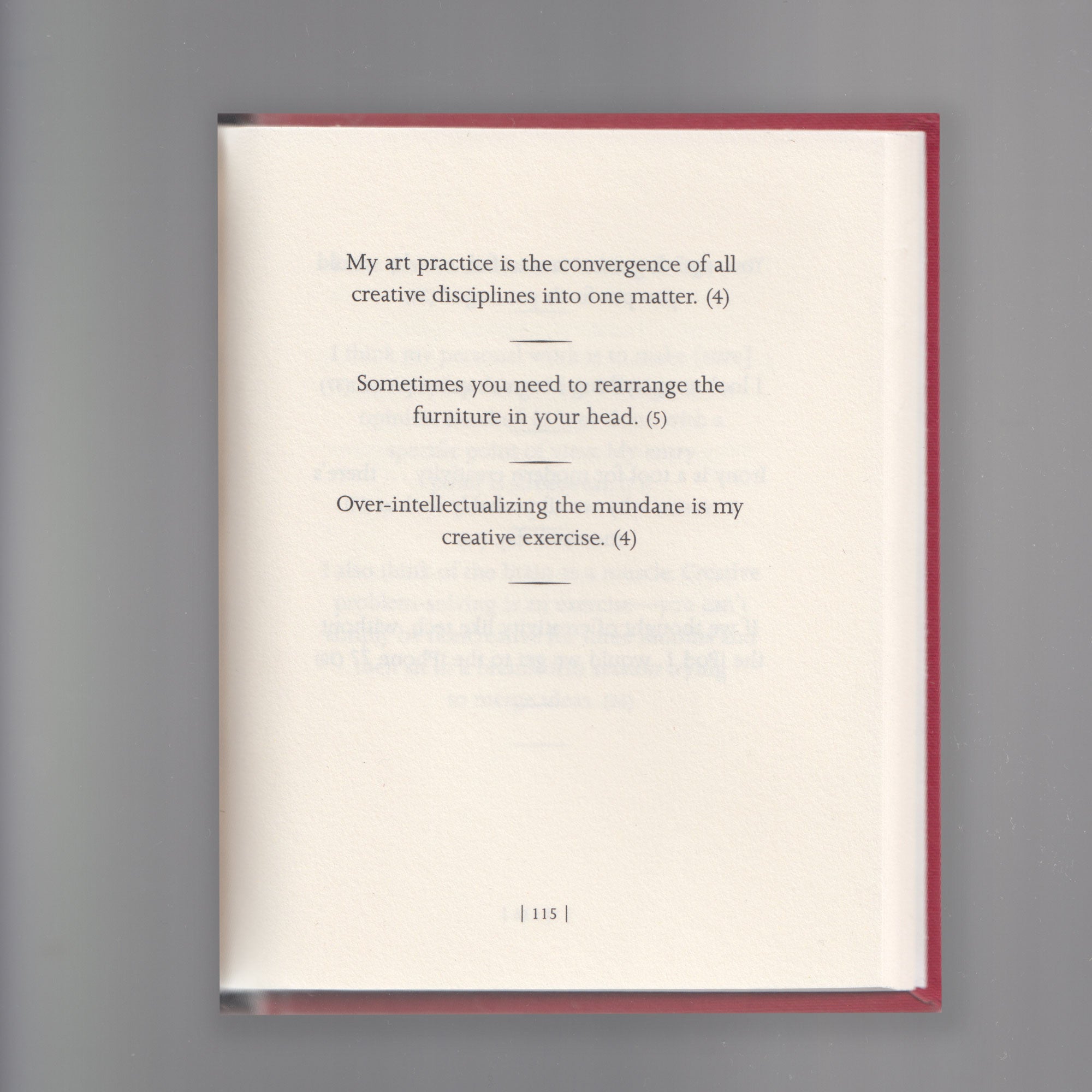 Scanned excerpt from Virgil Abloh's book 'Ablohisms' featuring a quote: 'My art practice is the convergence of all creative disciplines into one matter'.