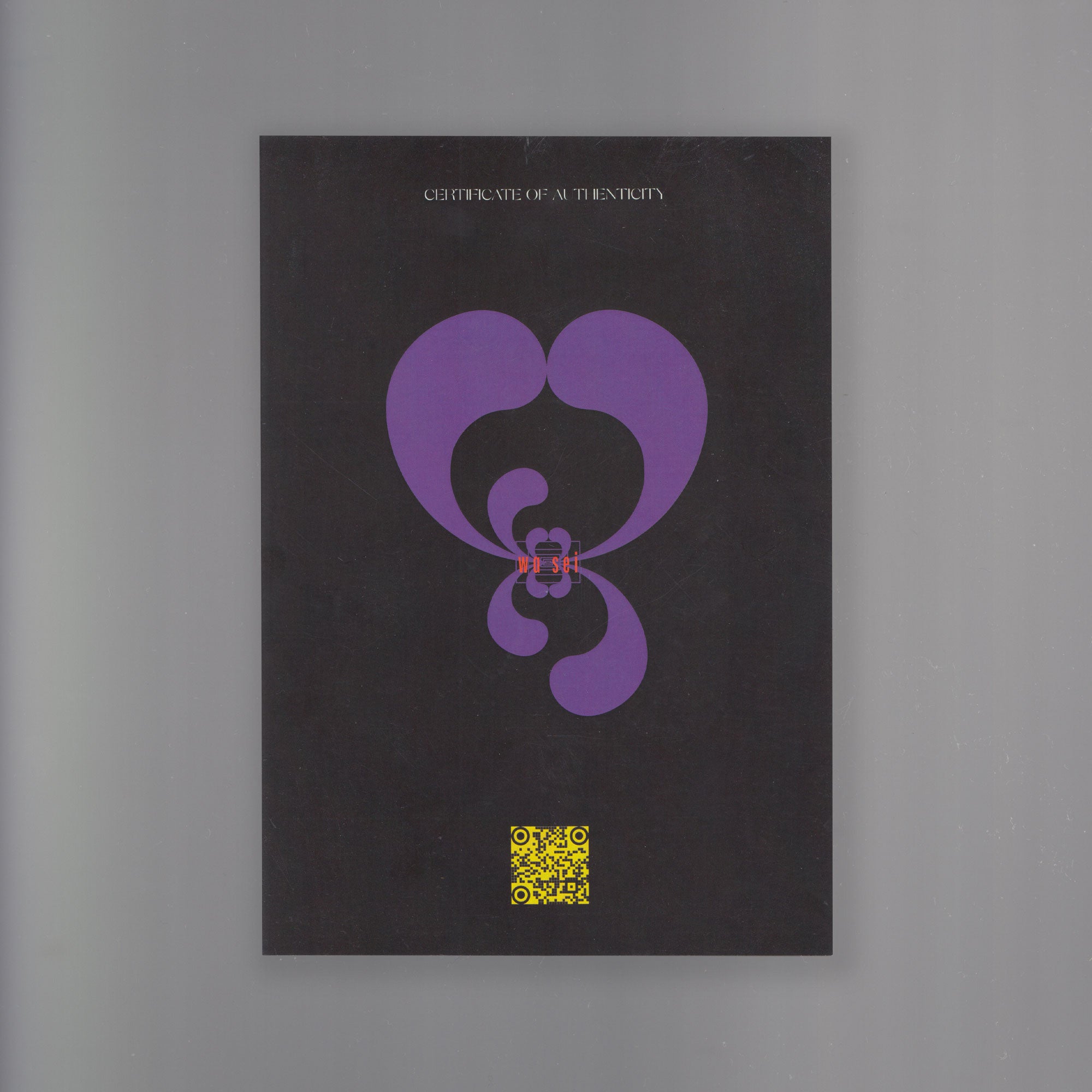 Scanned image of a purpose logo attributed to the artist 'wa sei' with the words 'certificate of authenticity' imprinted on the paper.