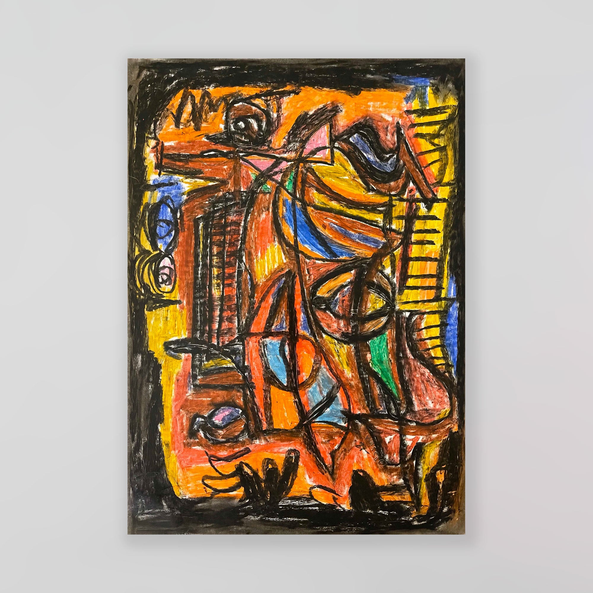 Inviting abstract drawing by wa sei, adorned with warm hues, creating a captivating interplay of rich tones and textures. Displayed elegantly on a gallery wall.