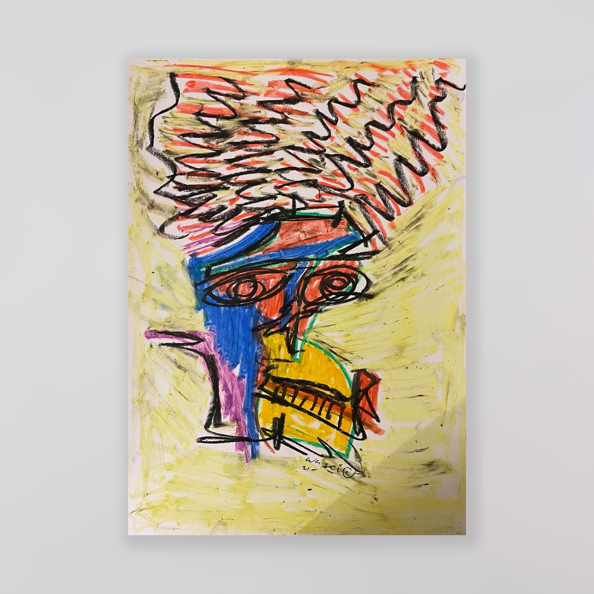 A vibrant and dynamic abstract drawing by wa sei, seen with yellow and blue colours, displayed on a white gallery wall.