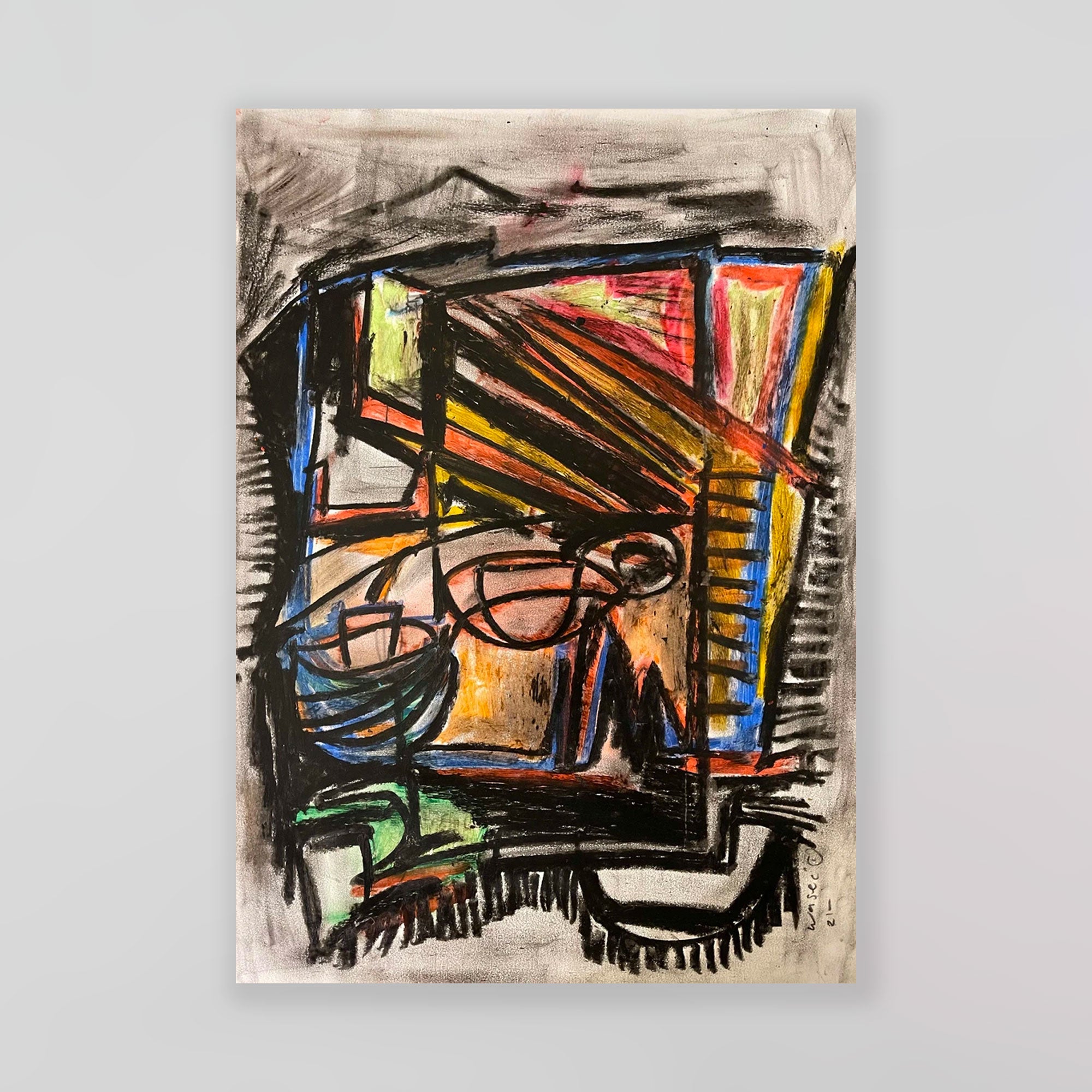 A dynamic figurative abstract drawing of a face by wa sei. The original artwork is presented on a gallery wall.