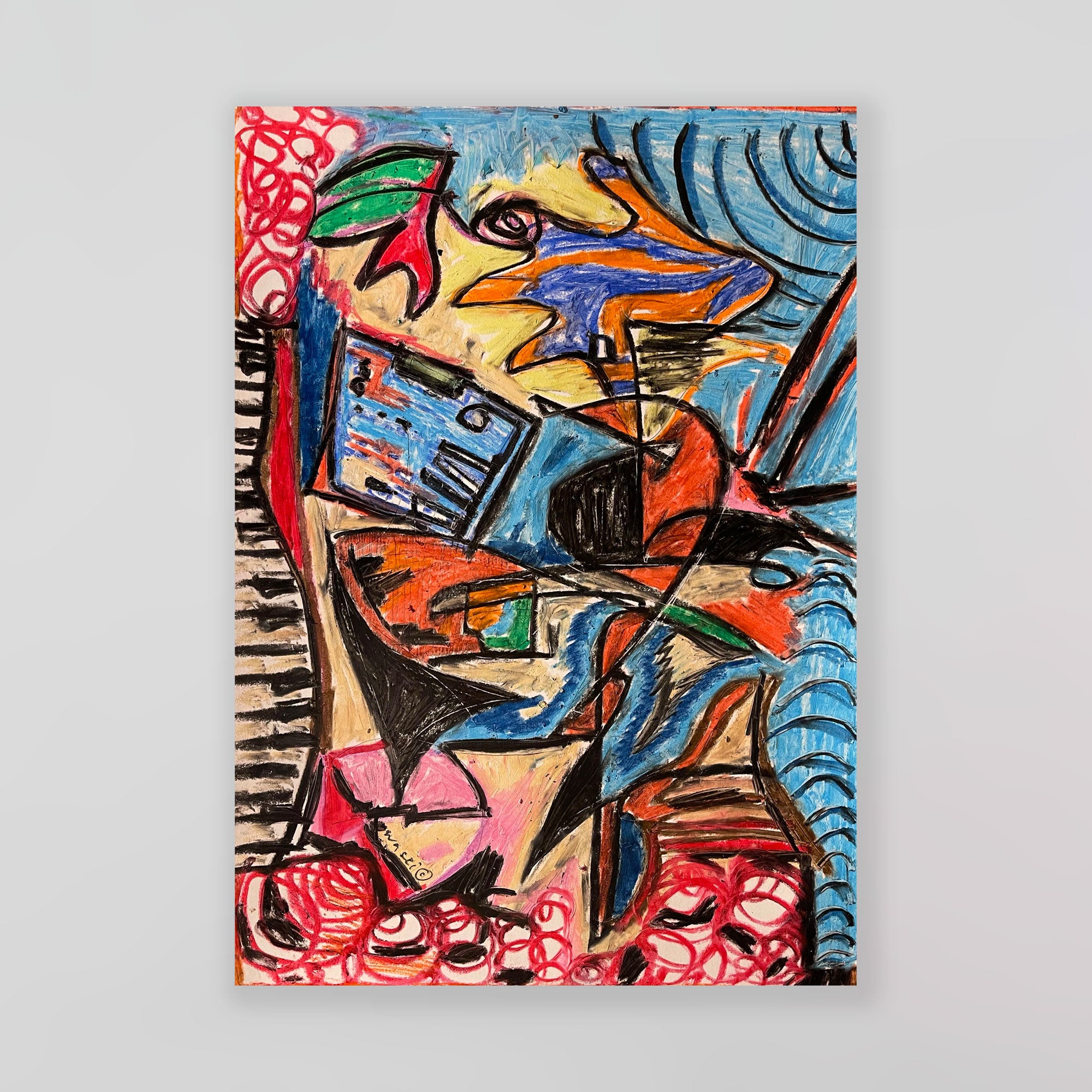 Vibrant original artwork by wa sei, an abstract drawing that highlights distorted musical instruments in a vibrant colour palette. Displayed elegantly on a white gallery wall.