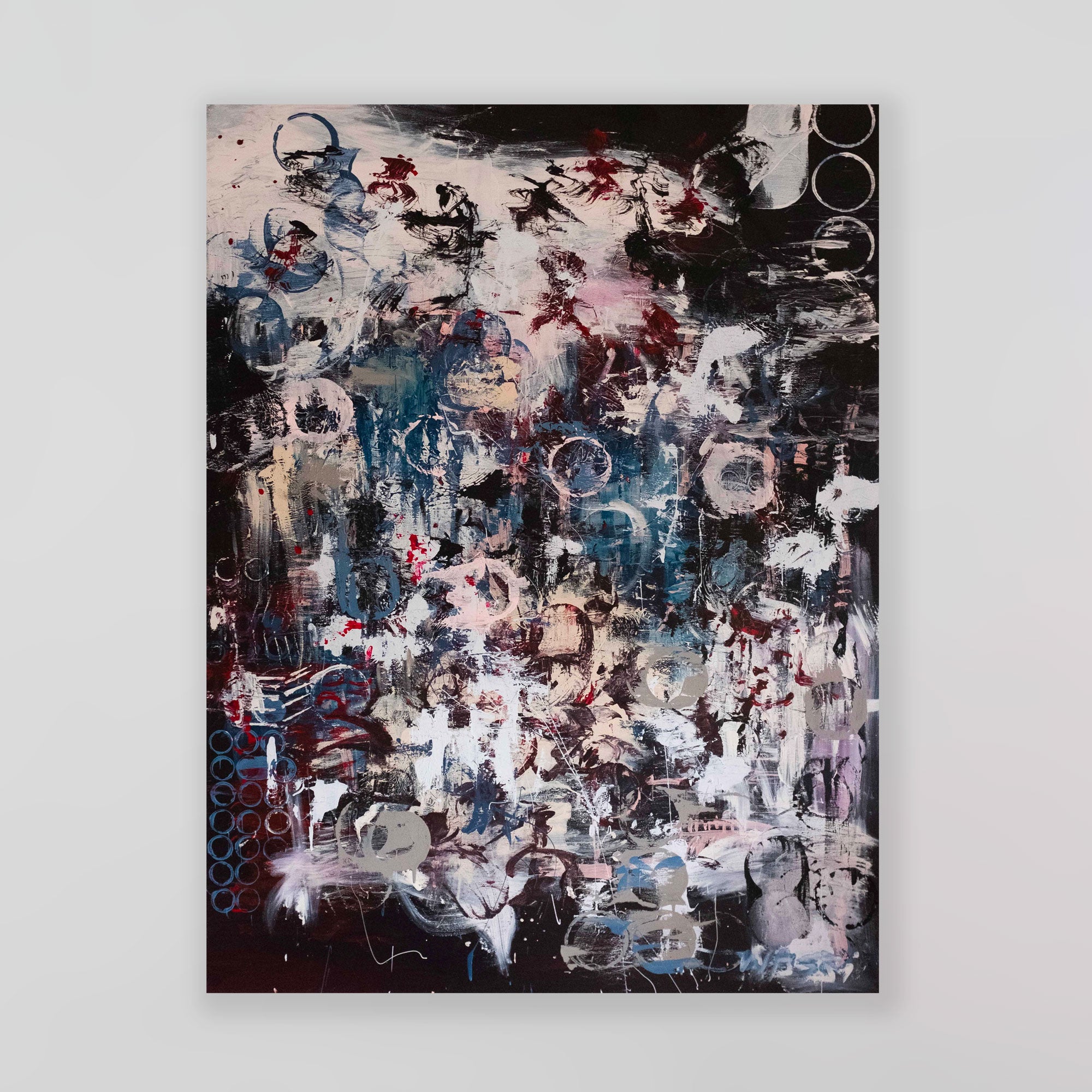 wa sei's "Mind Travellin' on a white wall. Tones of white, washed blue and red on a black background.