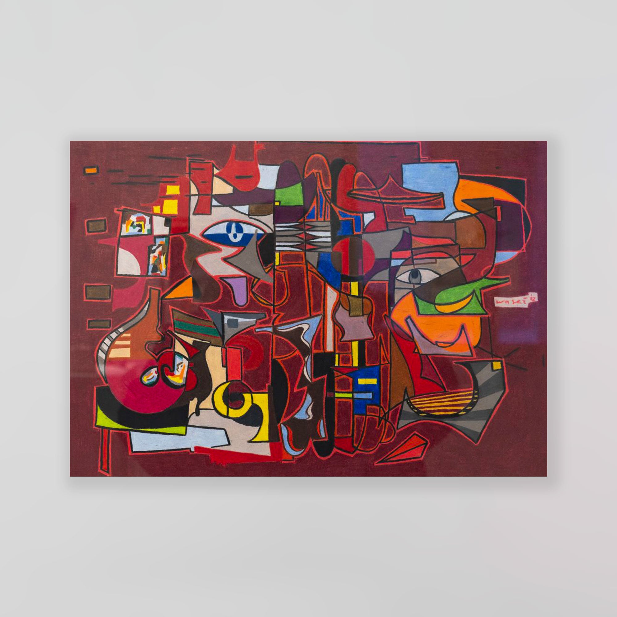 A vibrant red abstract drawing by wa sei. Displayed on a gallery wall.